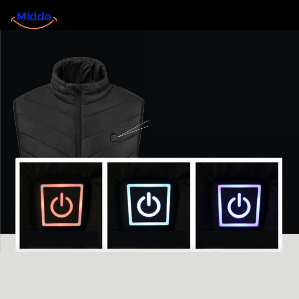 heatguard verwarmde bodywarmer temperatuurregeling knop middo.nl