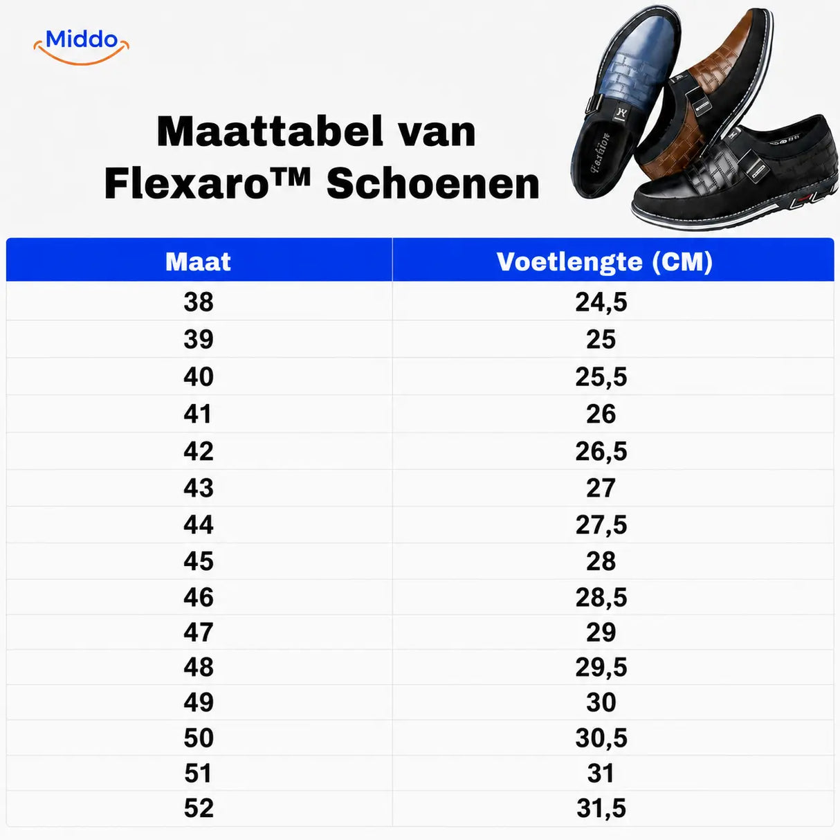 maattabel van flexaro schoenen www.middo.nl