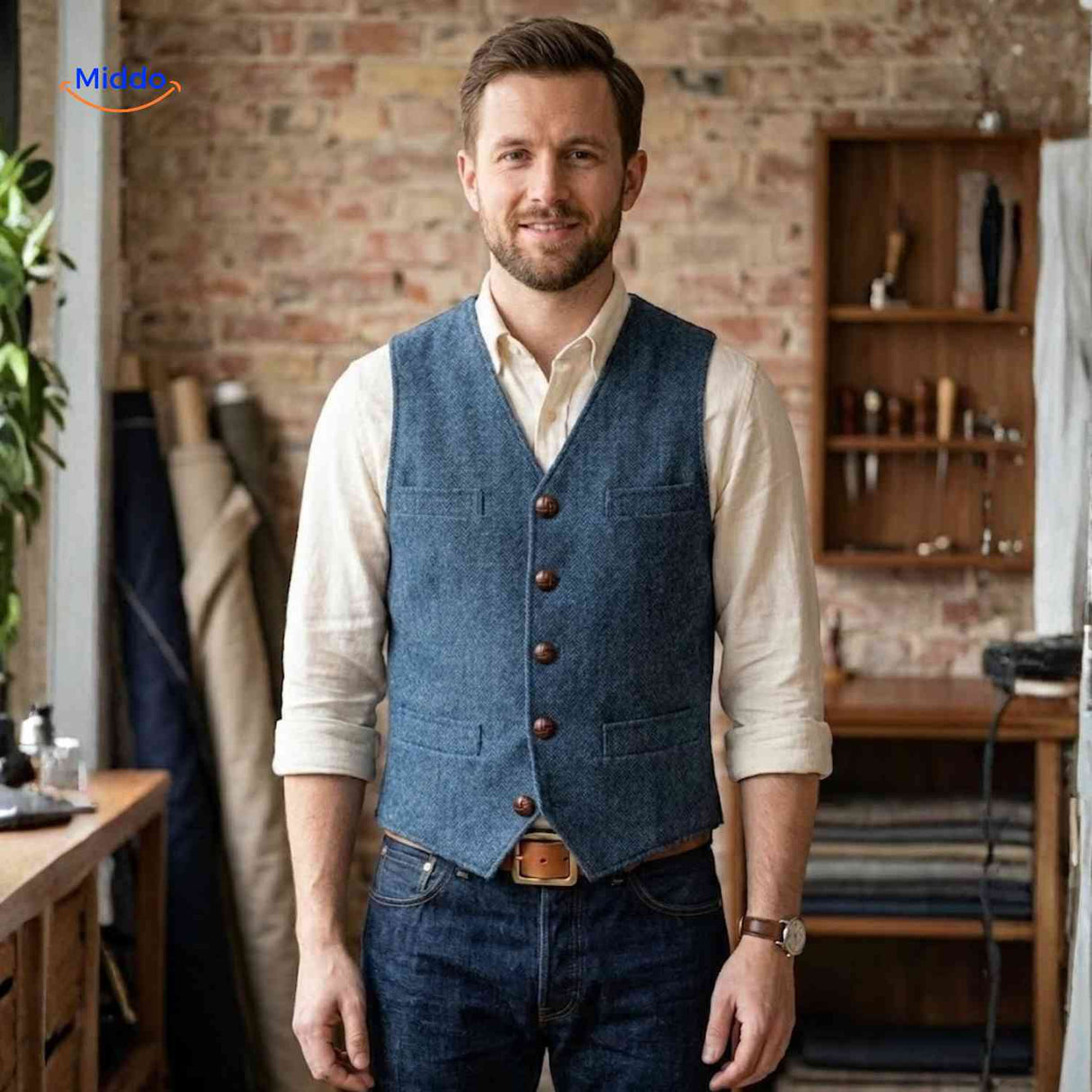 herringlux vest heren blauw gilet tweed www.middo.nl