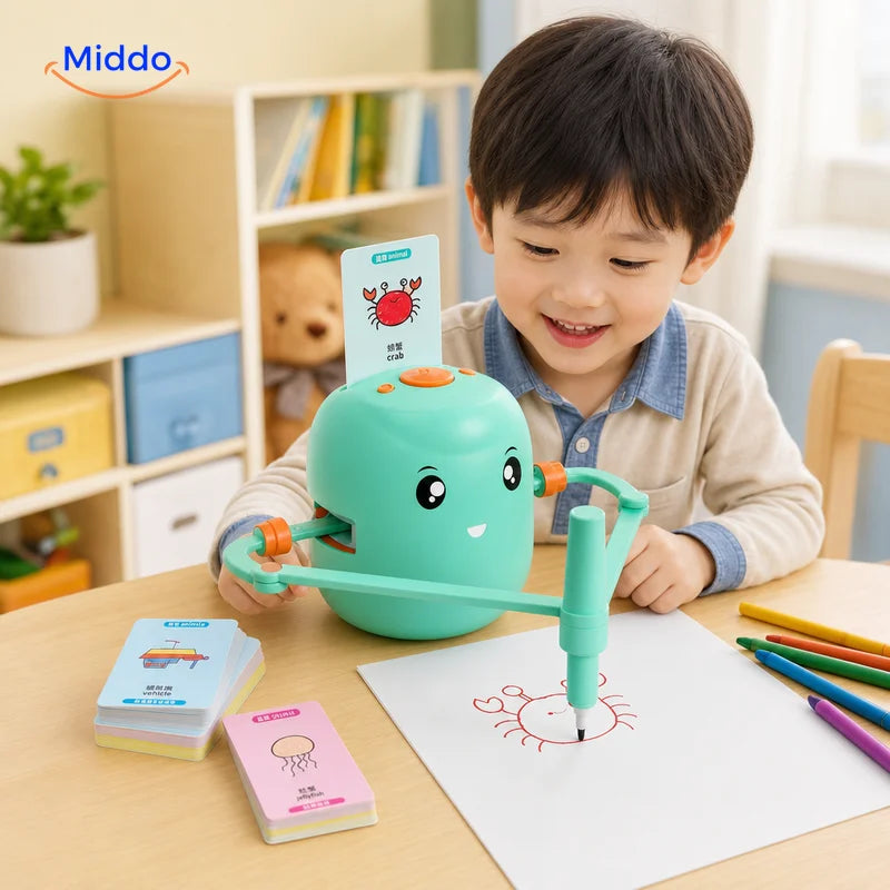 Kind speelt met de Interactive Drawing Robot en Engelse tekenkaarten