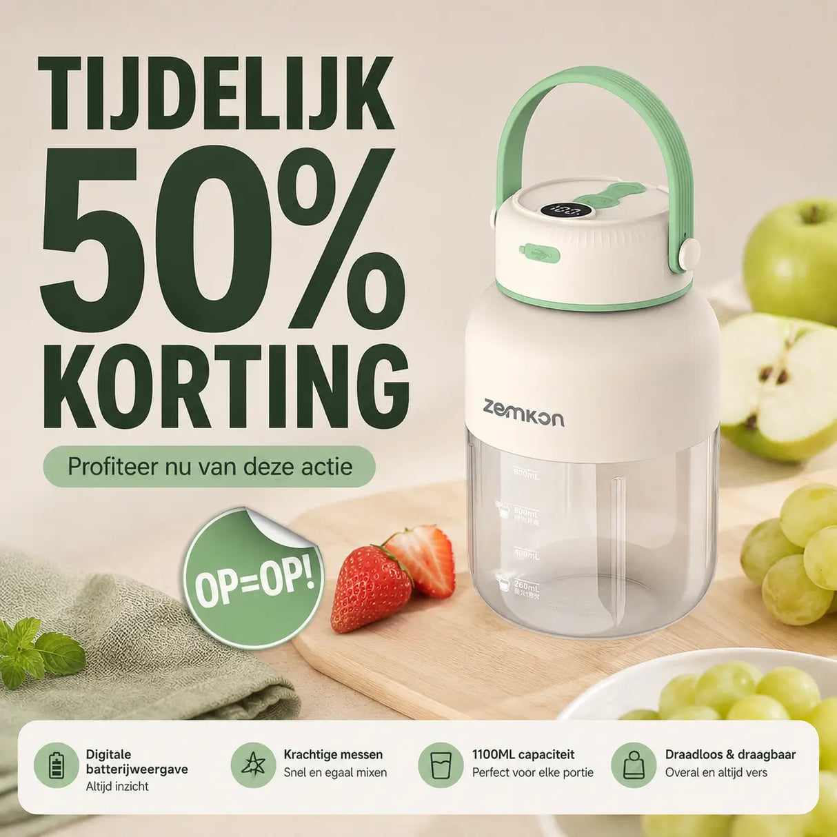 Tijdelijke actie op de JuiceX draadloze blender van 1100 ml met 50 procent korting.