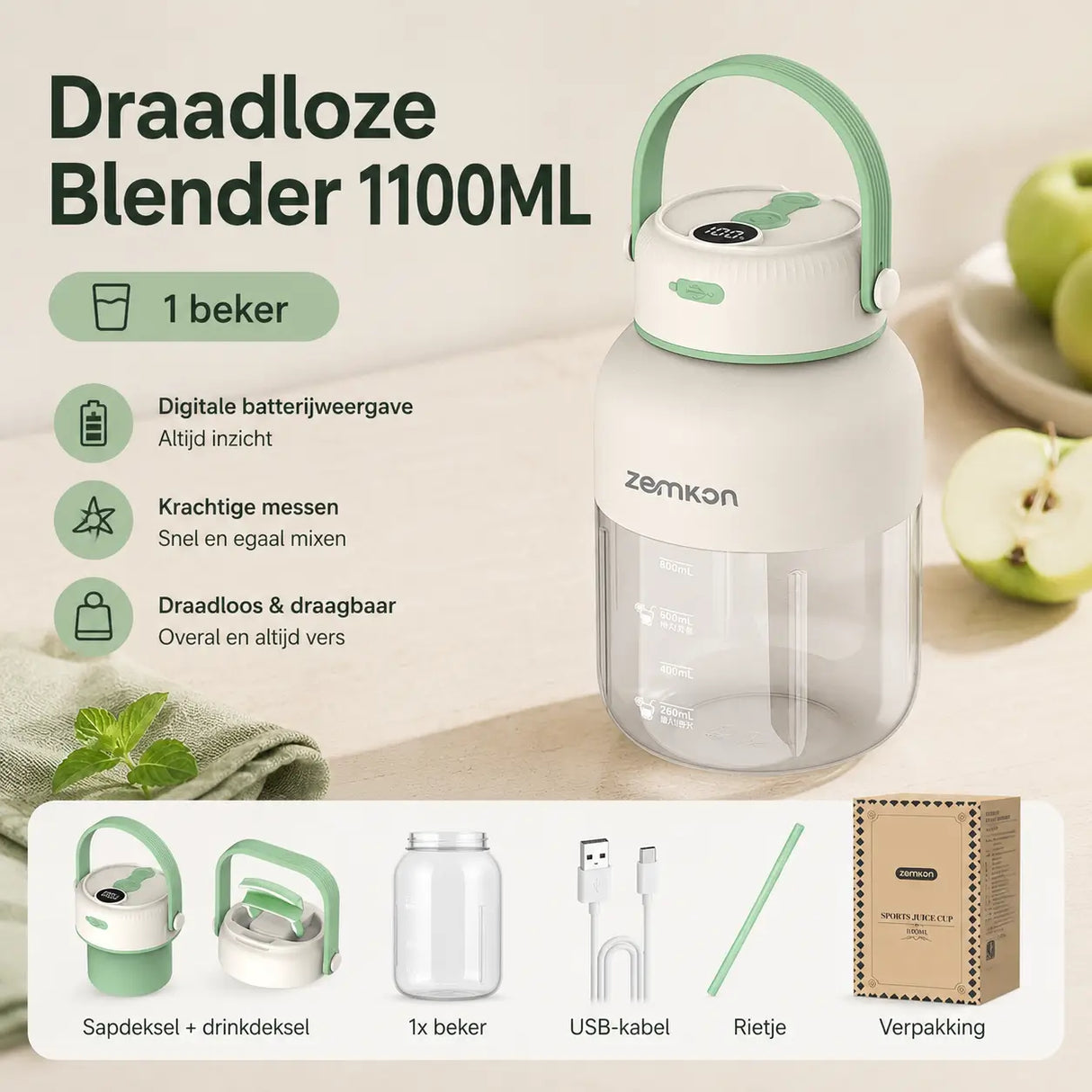 JuiceX draadloze blender in wit met groen, inclusief één beker, twee deksels, USB-kabel en rietje.