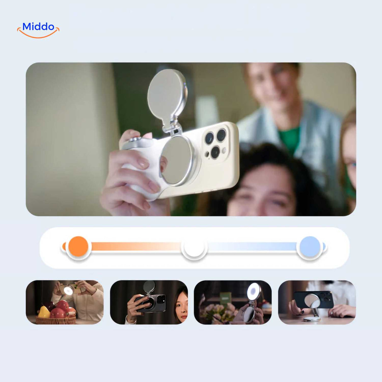 maggrip handle selfie modus met draagbare led ringlicht en spiegel www.middo.nl