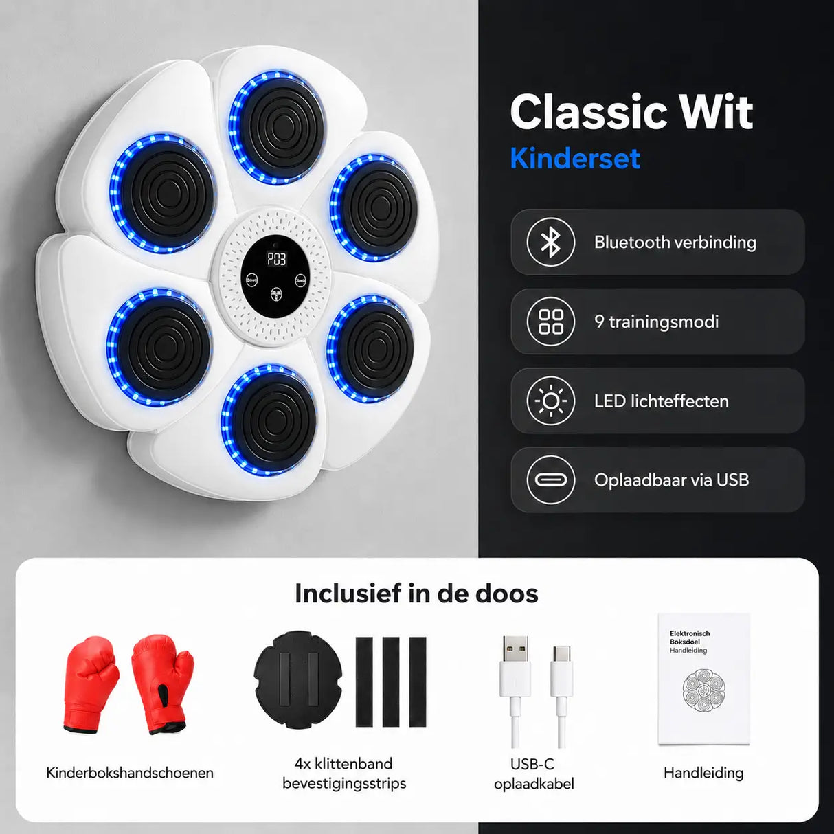 MBT-03 Classic Wit bokstarget kinderset met kinderbokshandschoenen, bevestigingsstrips, USB-C oplaadkabel en handleiding