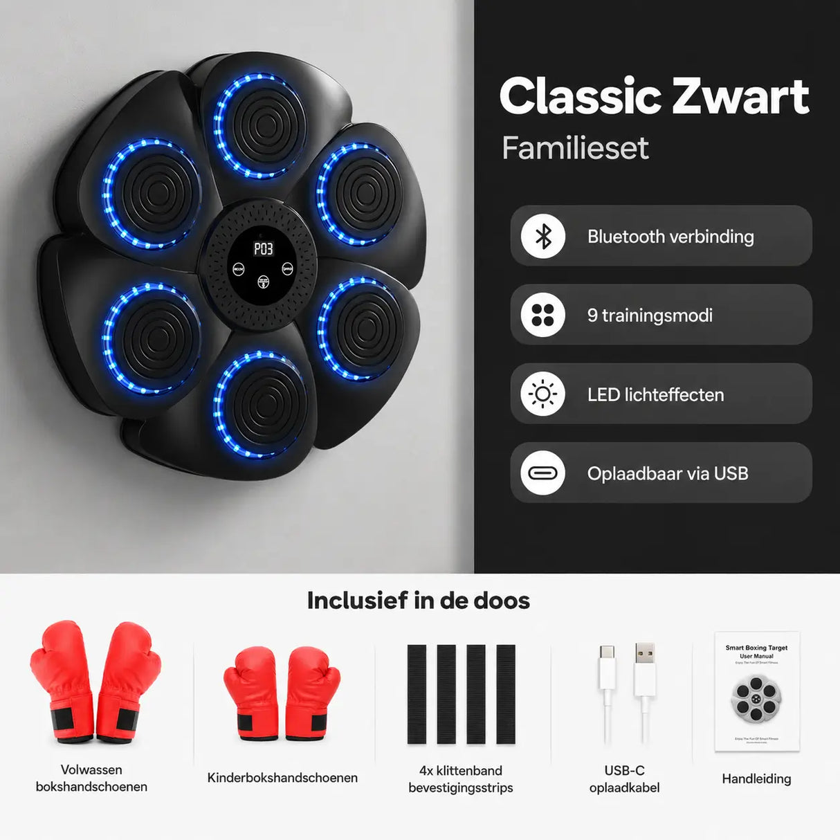 MBT-03 Classic Zwart bokstarget familieset met volwassen bokshandschoenen, kinderhandschoenen, bevestigingsstrips, USB-C oplaadkabel en handleiding