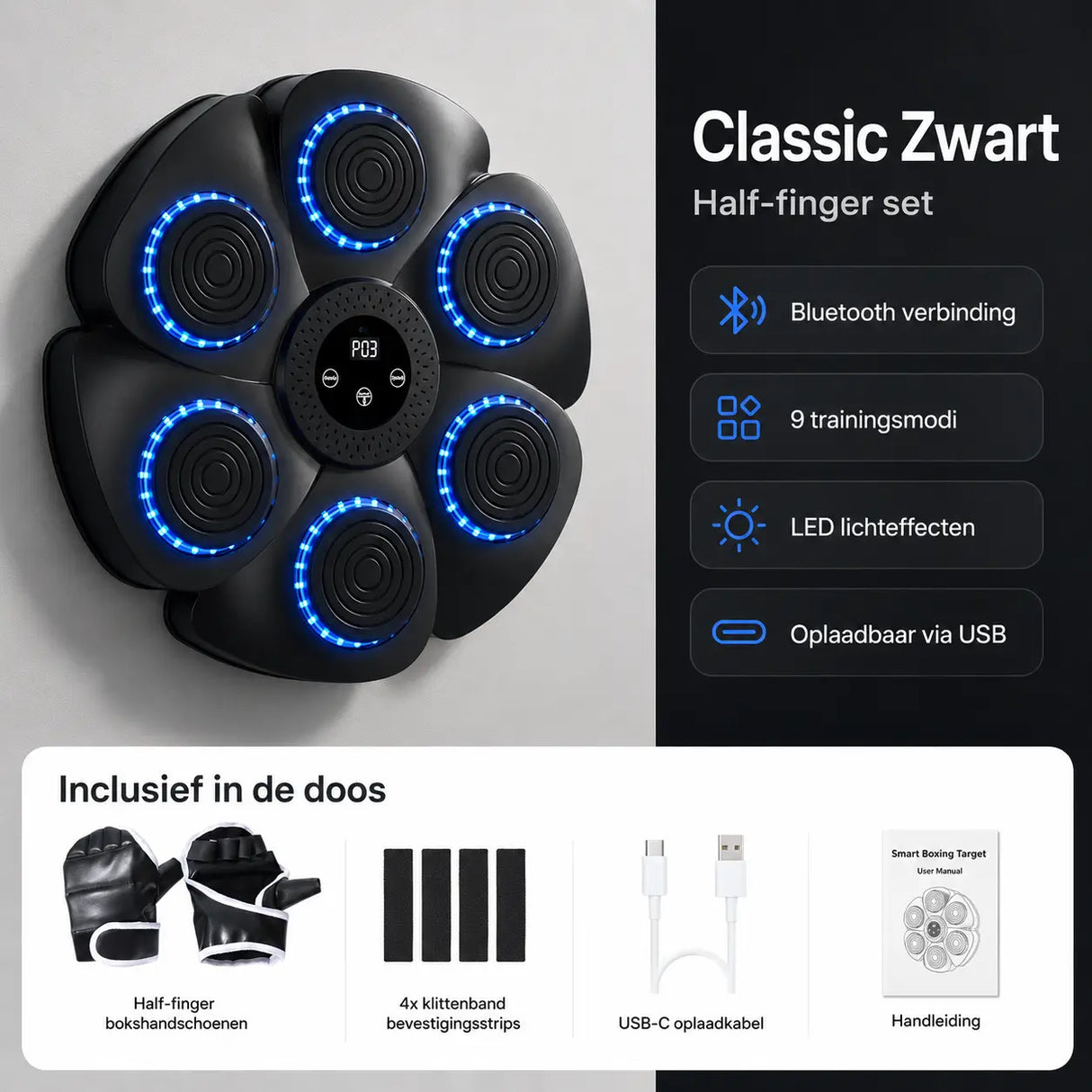 MBT-03 Classic Zwart bokstarget half-finger set met open bokshandschoenen, bevestigingsstrips, USB-C oplaadkabel en handleiding