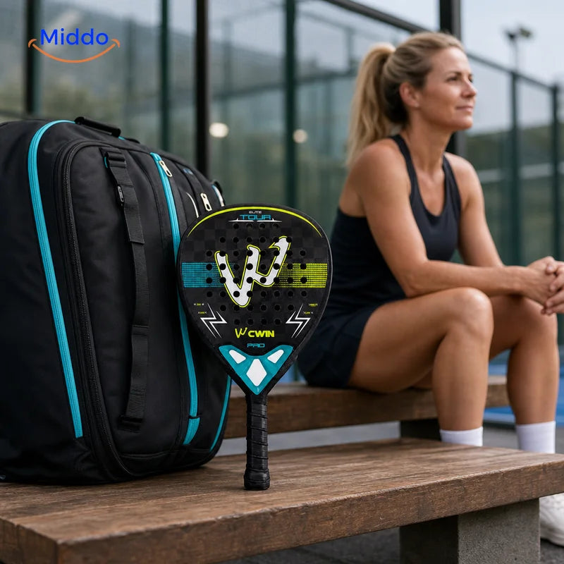 ApexTour padelracket: racket en sporttas naast een vrouw op een bankje.