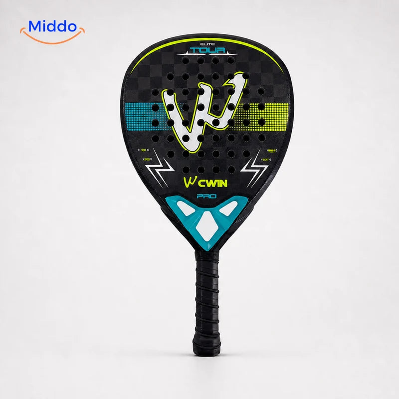 ApexTour padelracket: zwart-turquoise model op witte achtergrond.