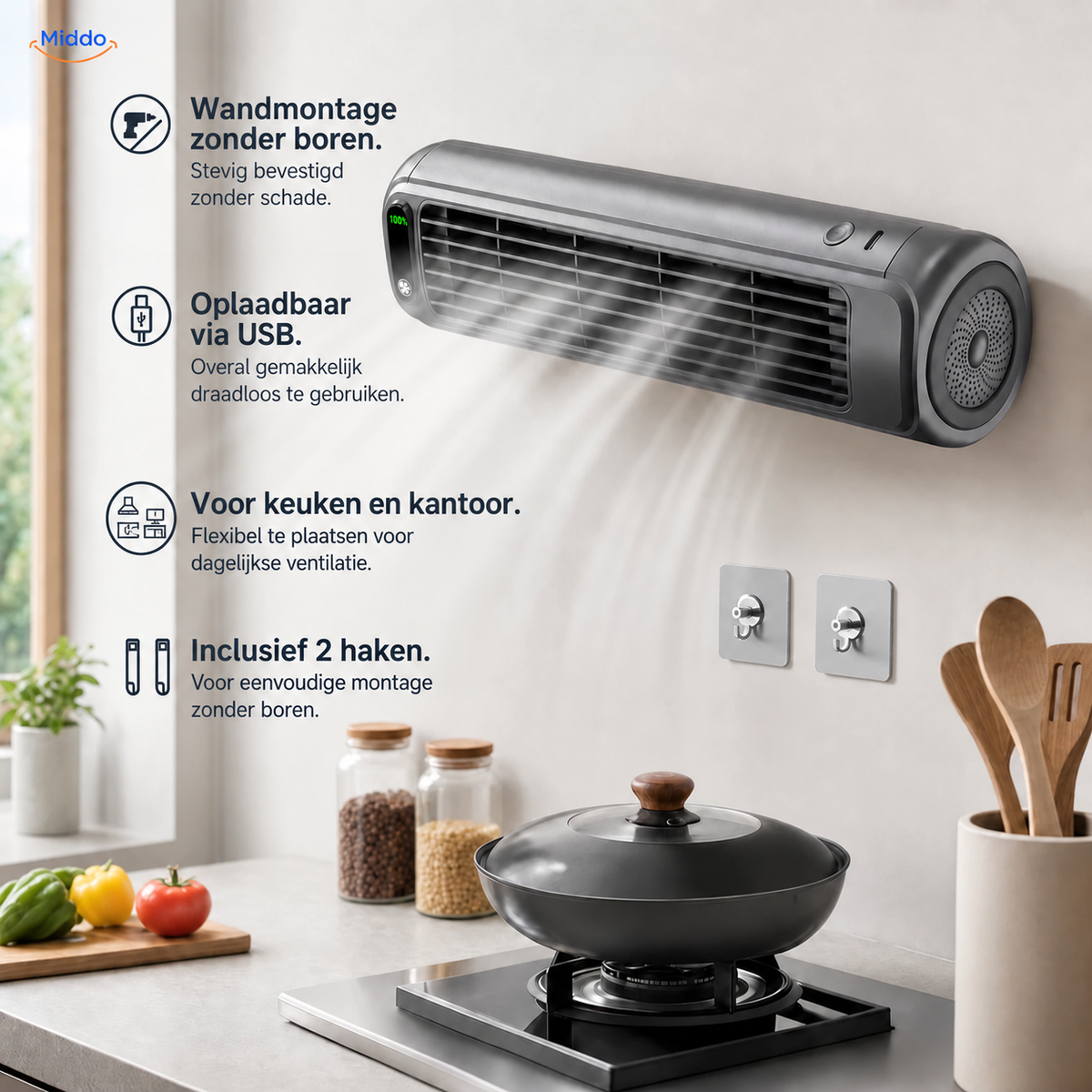 BreezeFlex oplaadbare wandventilator: grijs model met overzicht van montage, USB-voeding en haken.