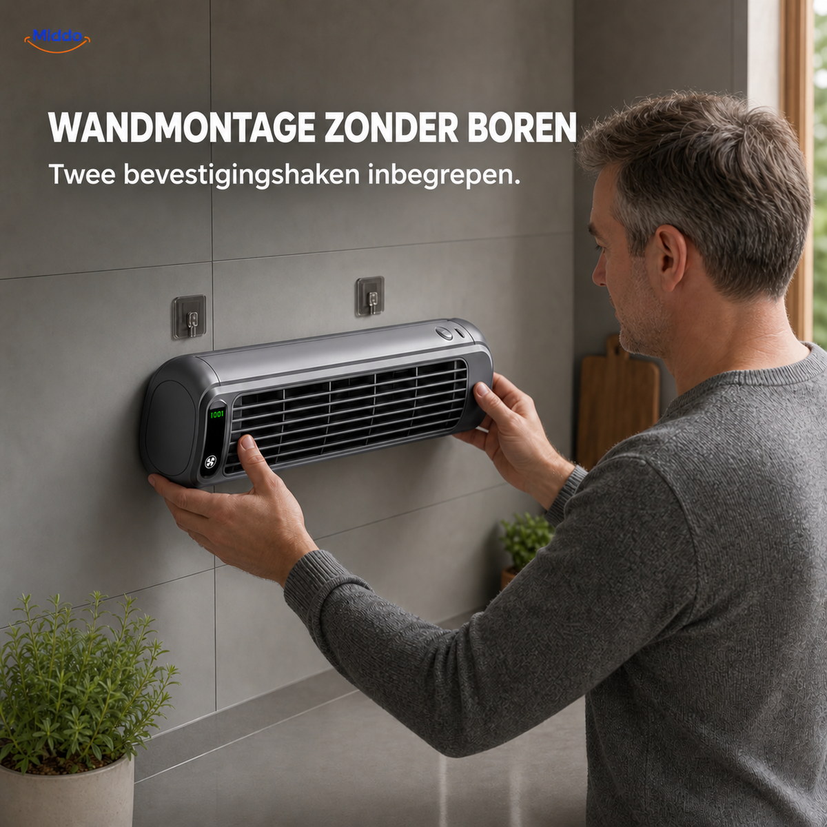 BreezeFlex oplaadbare wandventilator: man bevestigt de ventilator zonder boren.