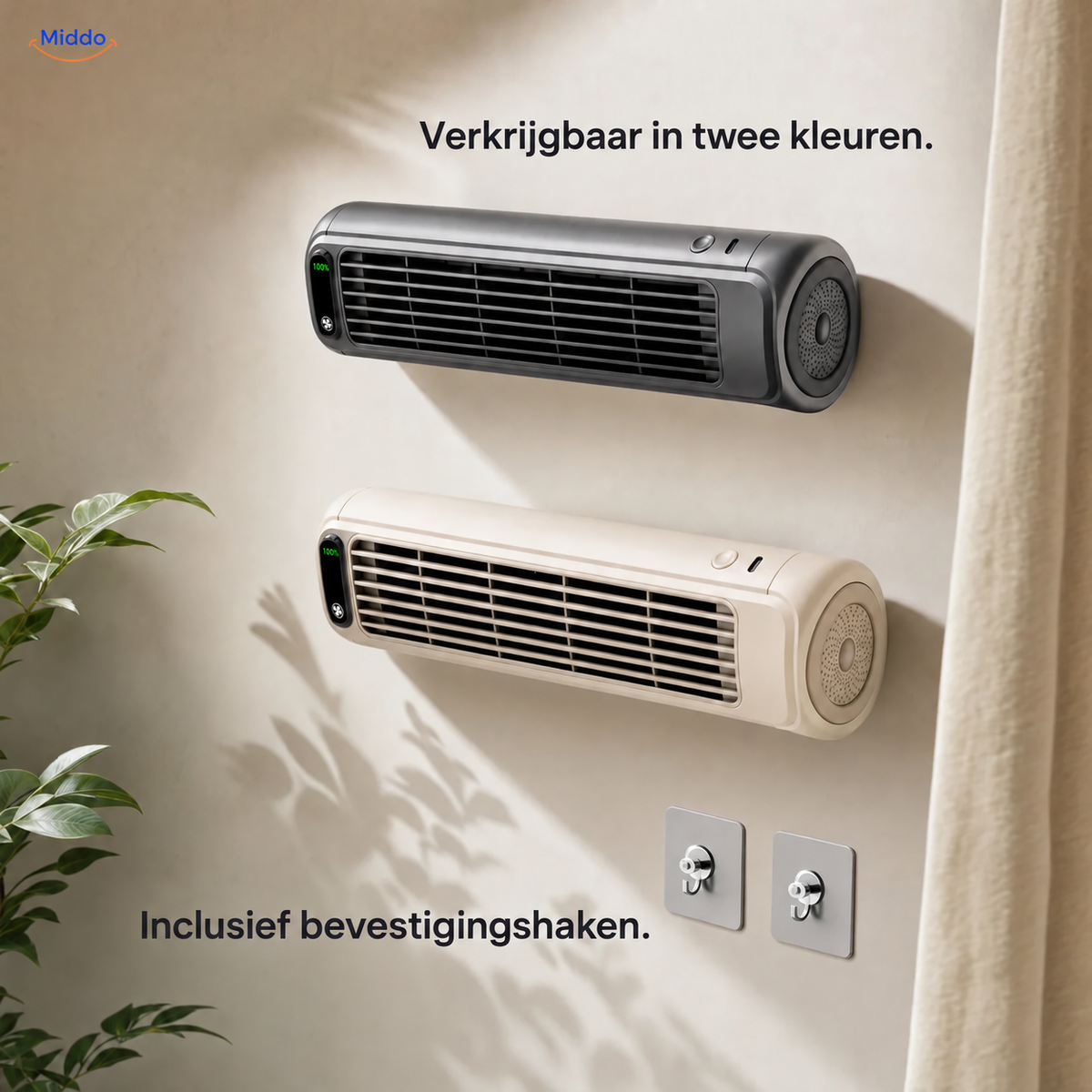 BreezeFlex oplaadbare wandventilator: vergelijking van grijs en wit model met muurhaken.