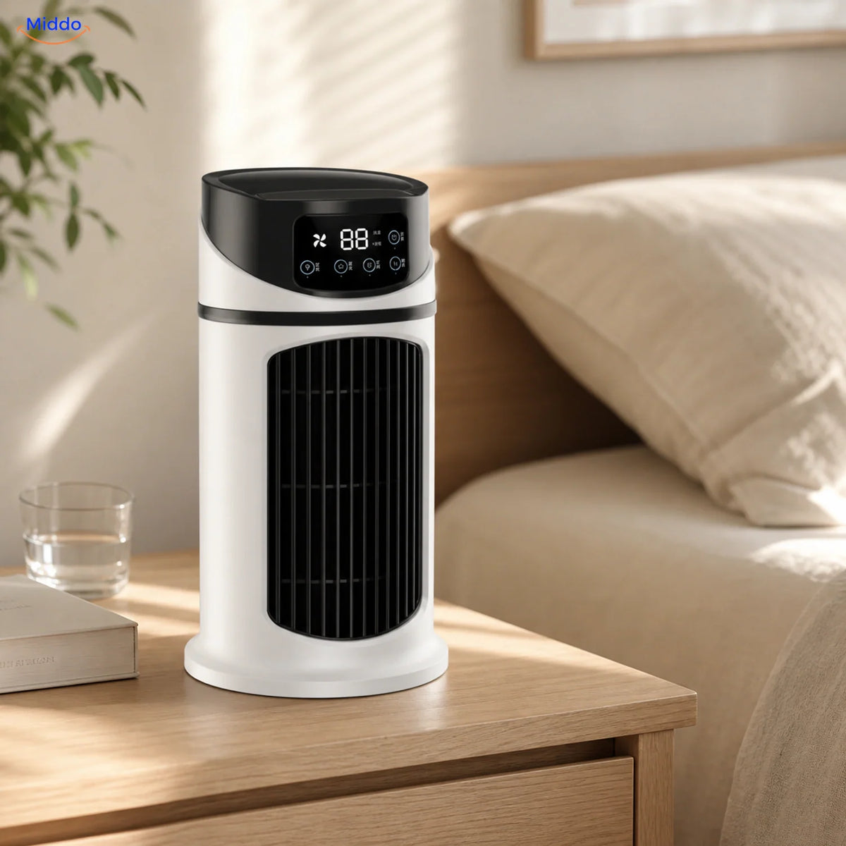 BreezeMist USB-tafelventilator met verneveling: wit-zwart model op een nachtkastje.