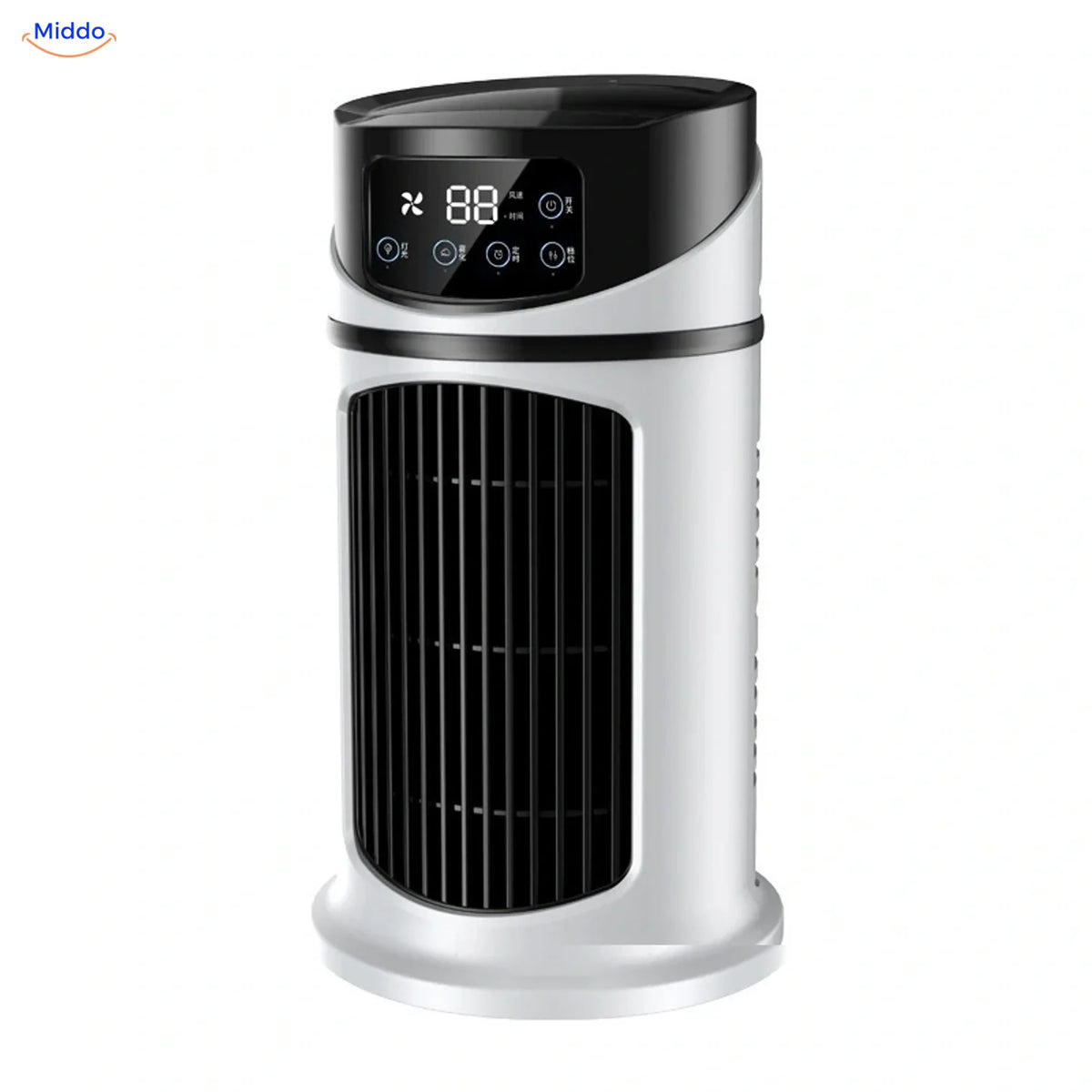 BreezeMist USB-tafelventilator met verneveling: wit-zwart model op witte achtergrond.
