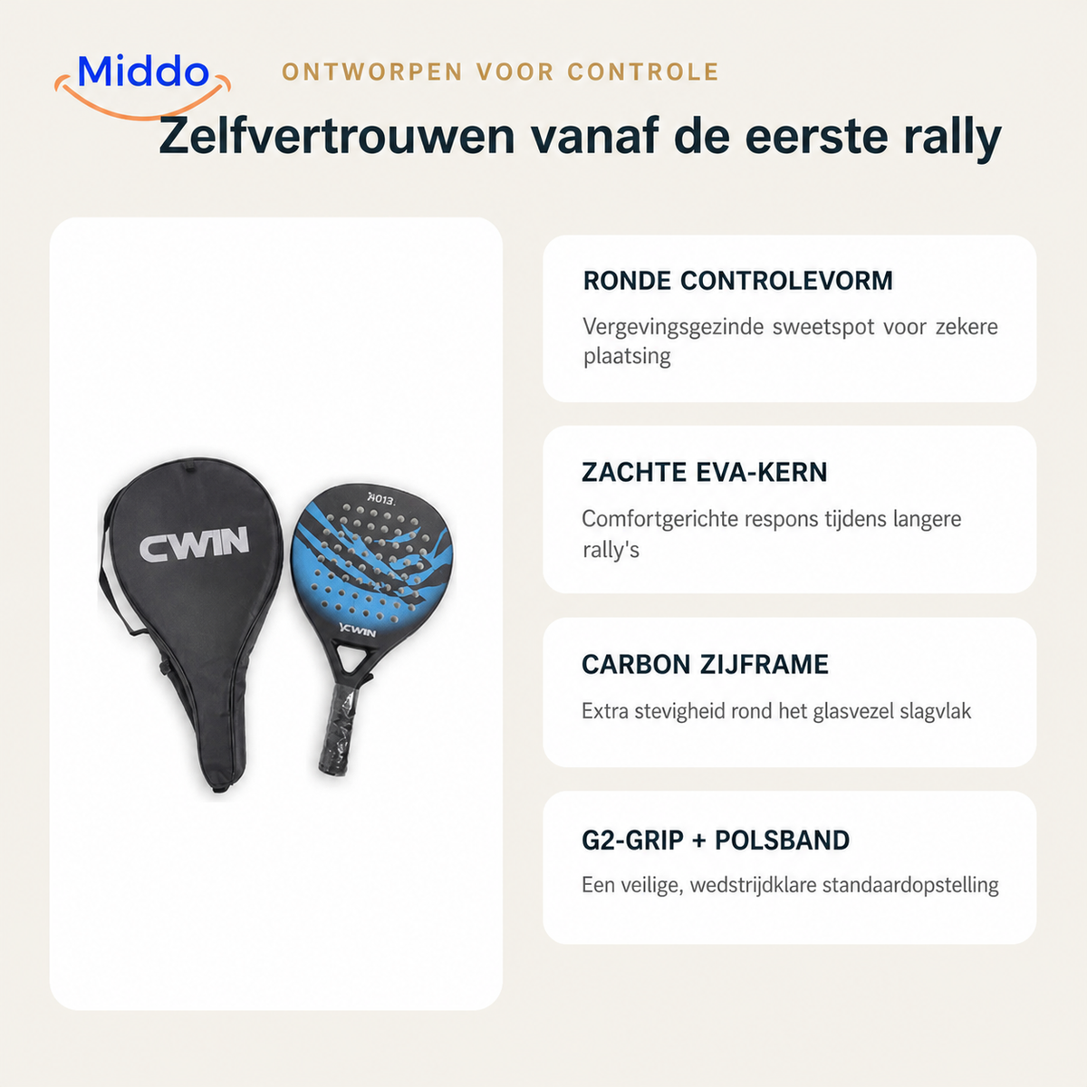 CourtControl padelracket: overzicht van ronde vorm, EVA-kern en handgreep.