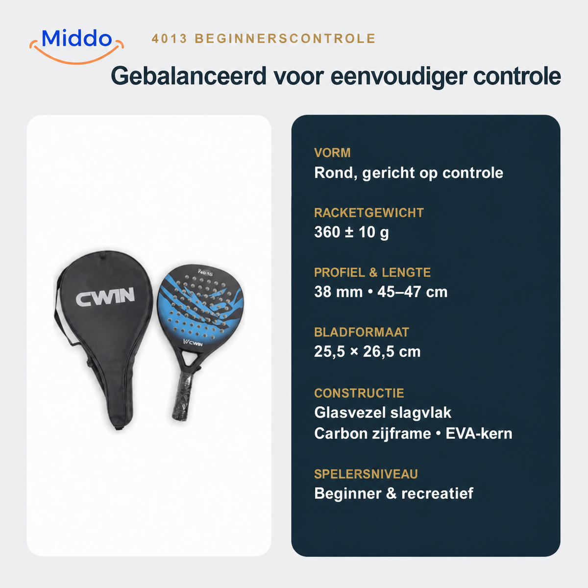 CourtControl padelracket: specificaties en afmetingen van het ronde racket.