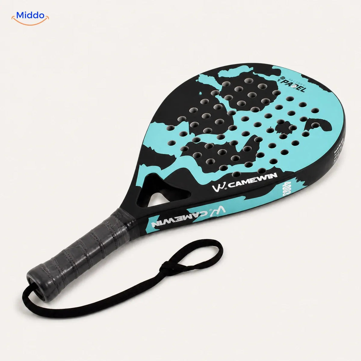 CourtMatch padelracket: turquoise druppelvormig model met polsband.