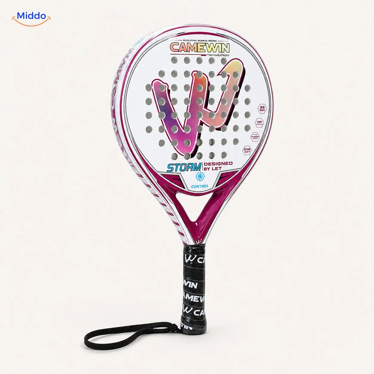 CourtMatch padelracket: wit-roze model van voren.