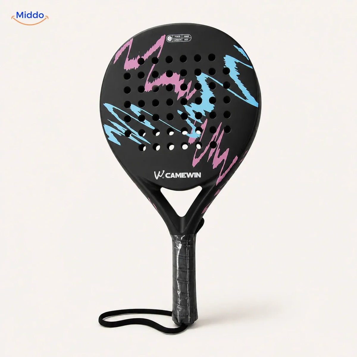 CourtMatch padelracket: zwart model met roze en blauwe accenten.