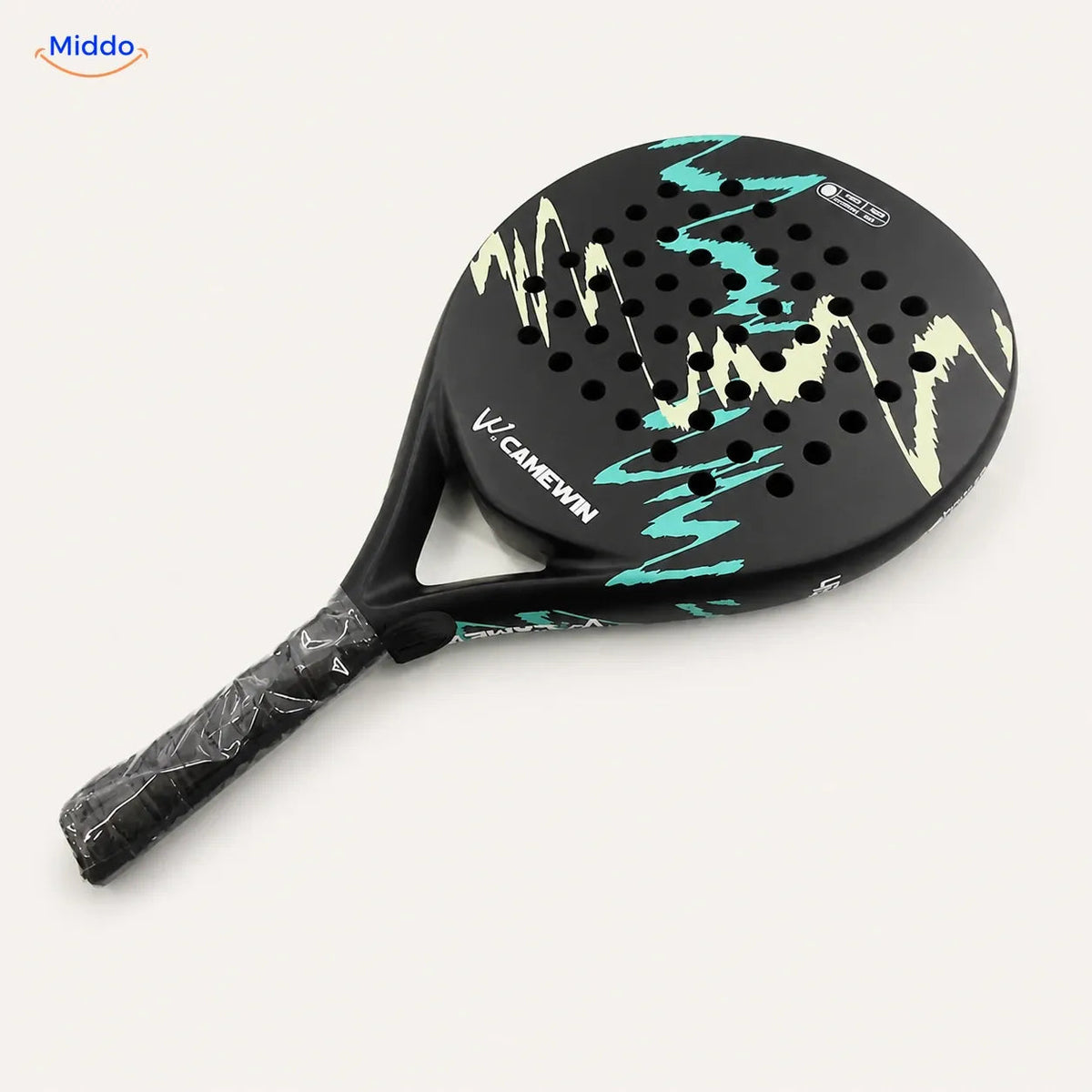 CourtMatch padelracket: zwart model met turquoise en gele accenten.