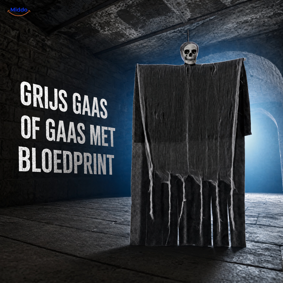 HauntCraft hangend Halloween-spook: grijs spook met lange stroken gaas in een donkere ruimte.