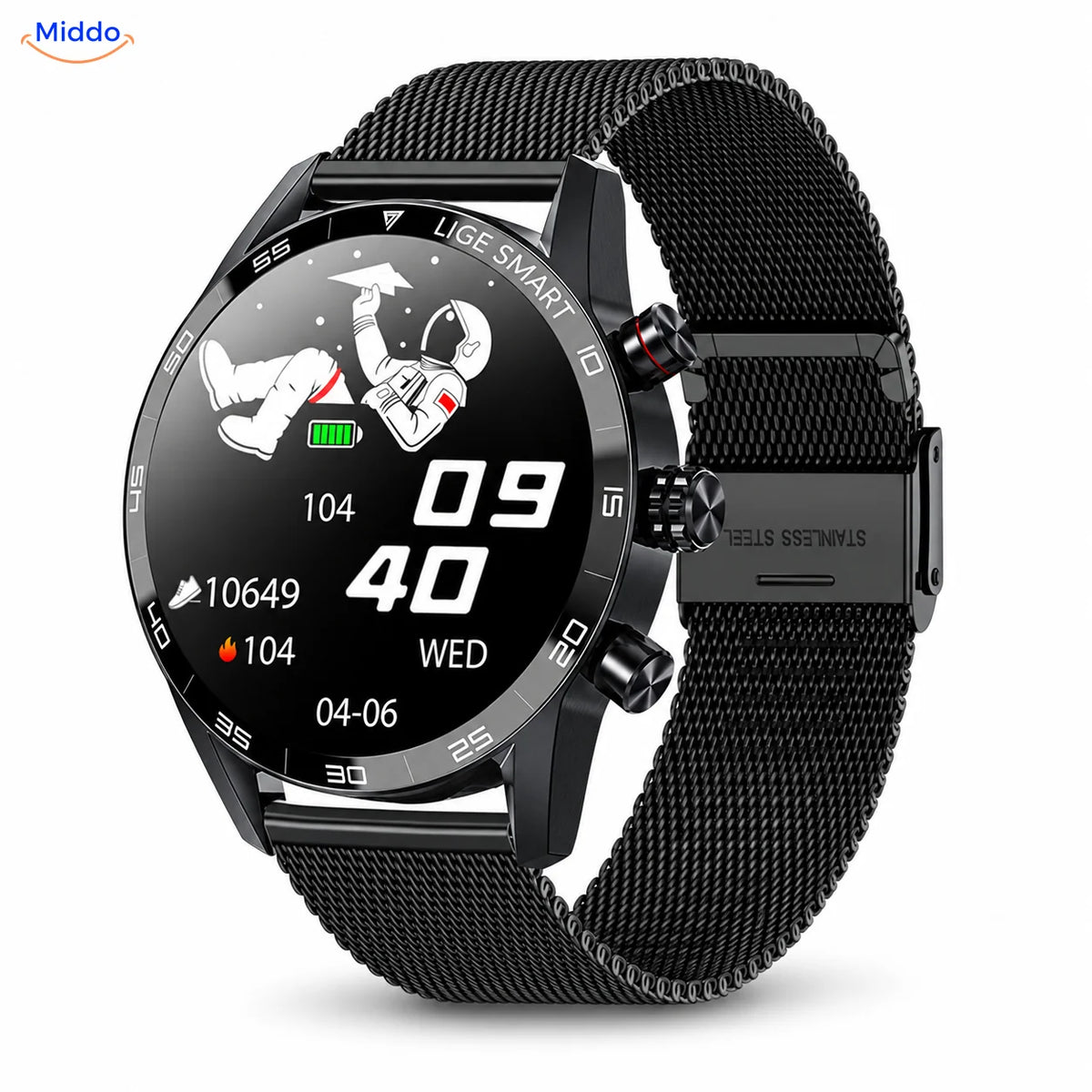 LIGE smartwatch: zwart model met metalen meshband.