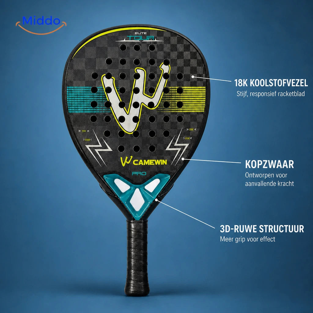 ProStrike padelracket: detailoverzicht van carbon slagvlak en structuur.