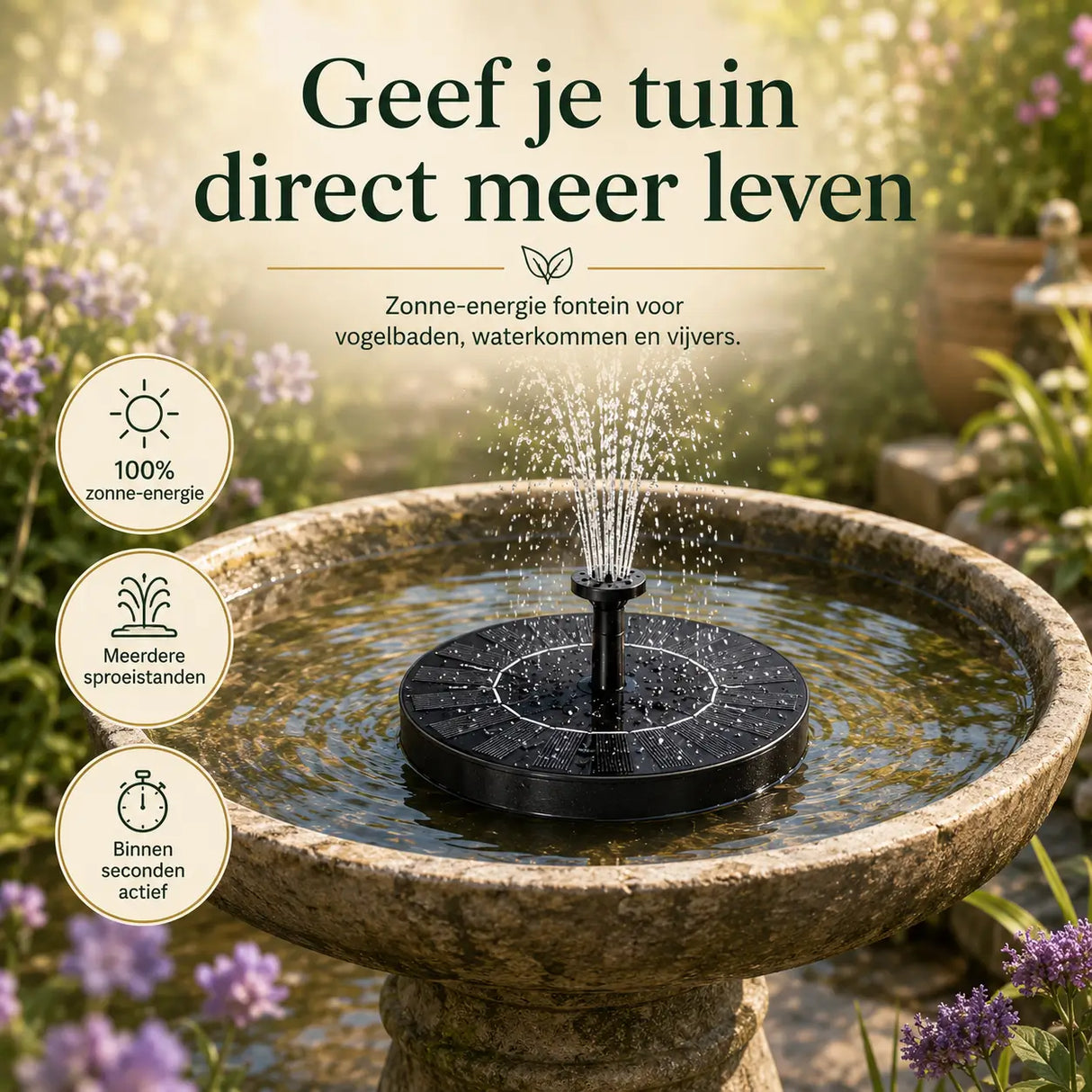 Middo Solar Oasis zonnefontein in vogelbad voor een levendige tuin met zacht stromend water