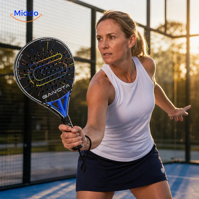 SpinDrive padelracket: vrouw in speelhouding met zwart-blauw racket.