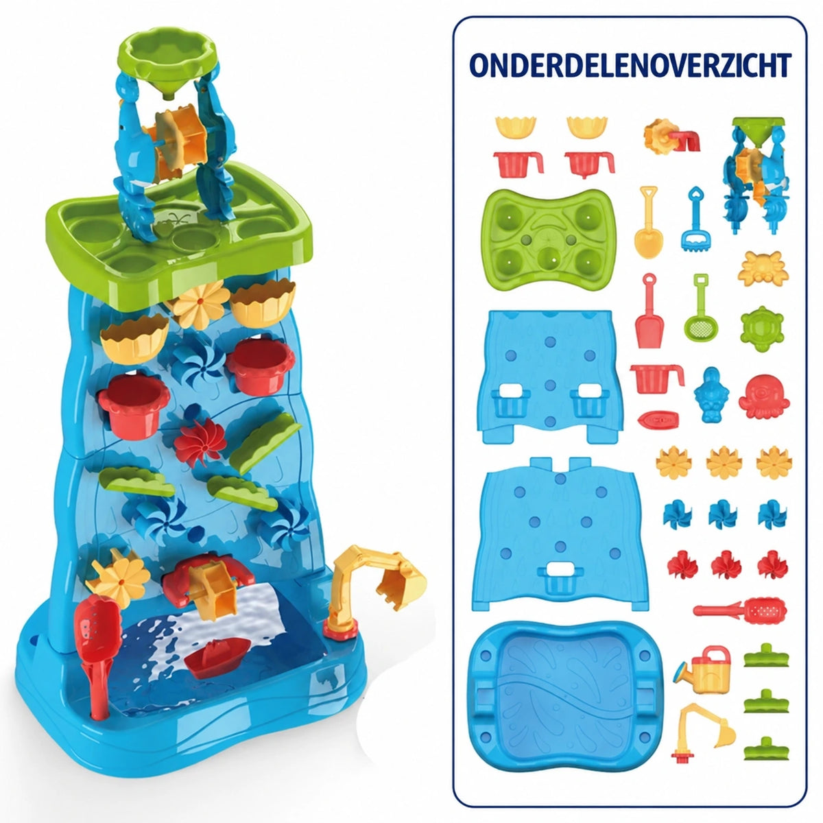 SplashPlay water- en zandspeelgoed: blauw-groene watertoren met onderdelenoverzicht.