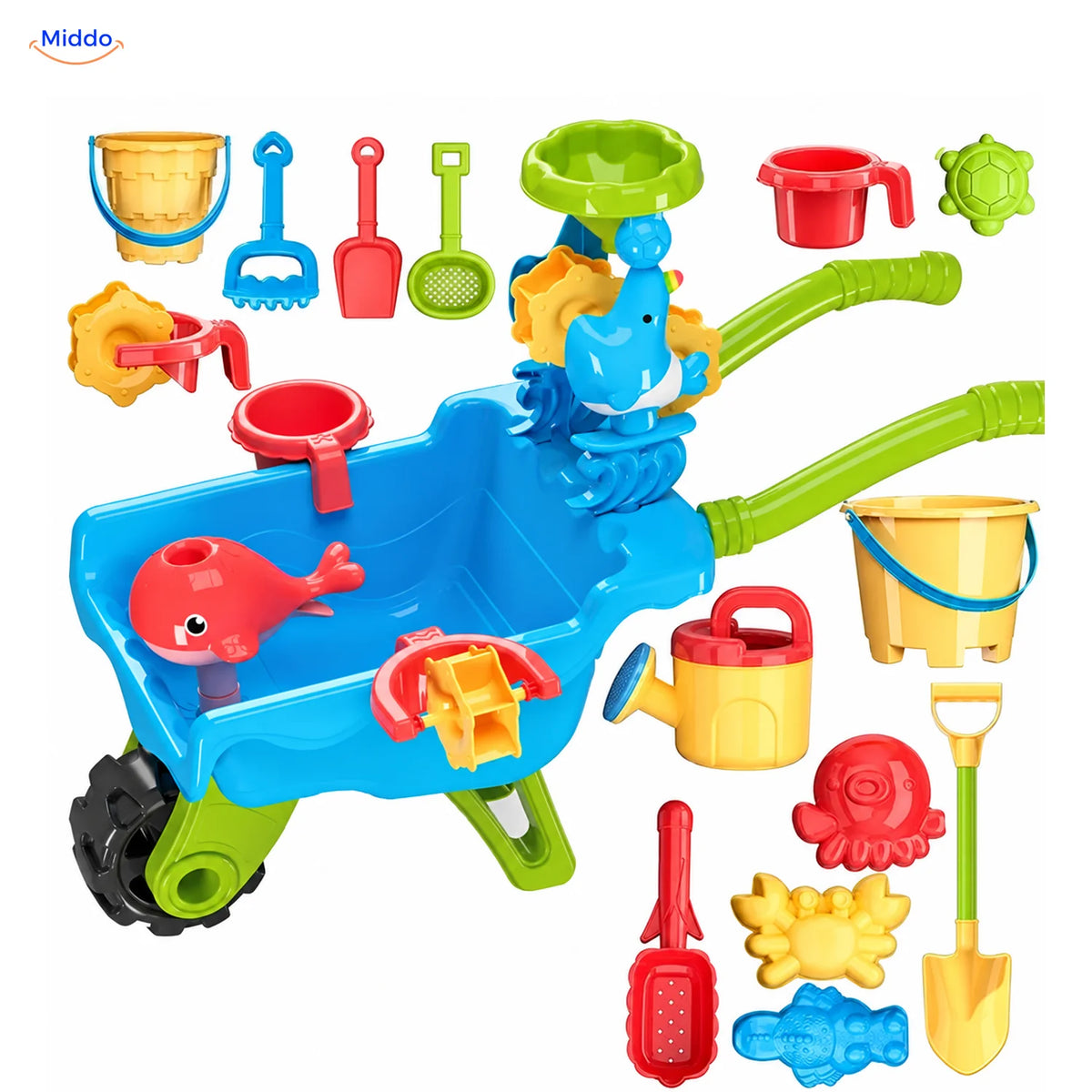 SplashPlay water- en zandspeelgoed: blauwe speelkar met schepjes, emmertje en zandvormpjes.