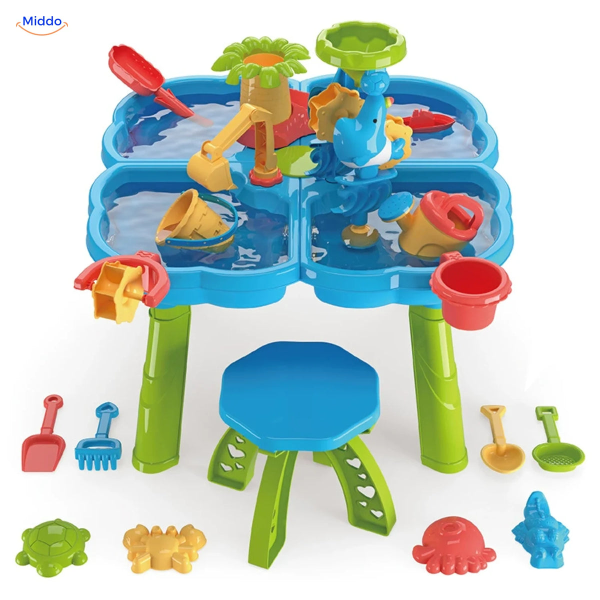 SplashPlay water- en zandspeelgoed: blauwe watertafel met vier speelhoeken en krukje.