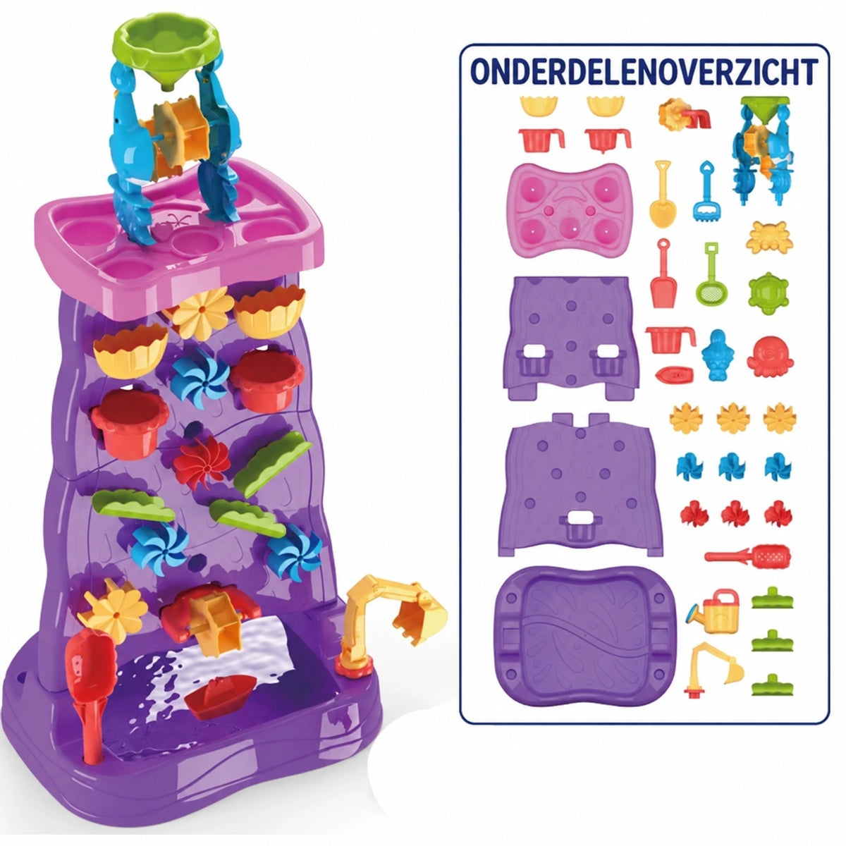 SplashPlay water- en zandspeelgoed: paars-roze watertoren met onderdelenoverzicht.