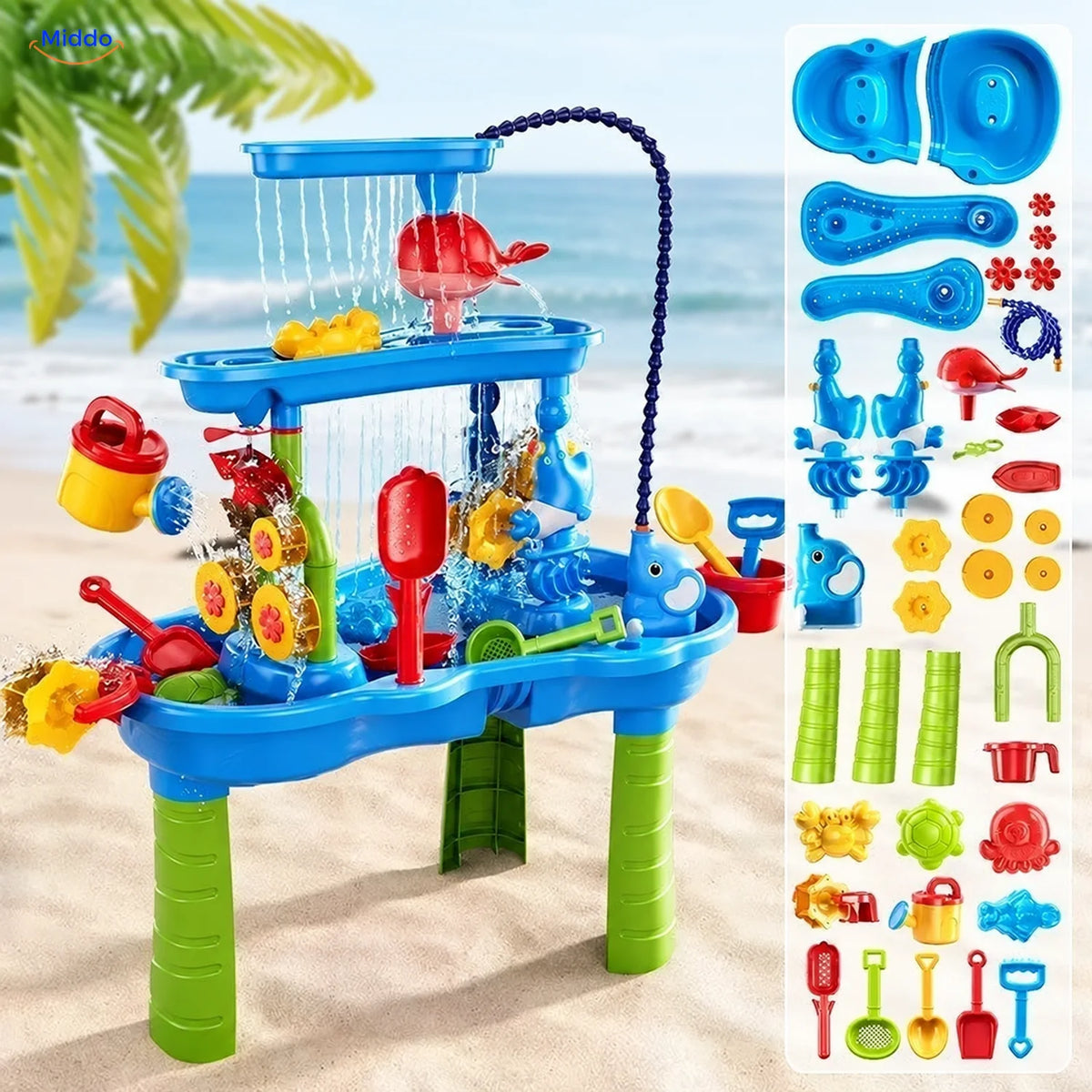 SplashPlay water- en zandspeelgoed: rechthoekige tafel met waterslang en losse onderdelen.
