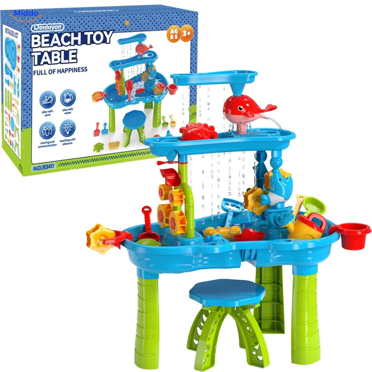 SplashPlay water- en zandspeelgoed: rechthoekige watertafel met krukje en verpakking.