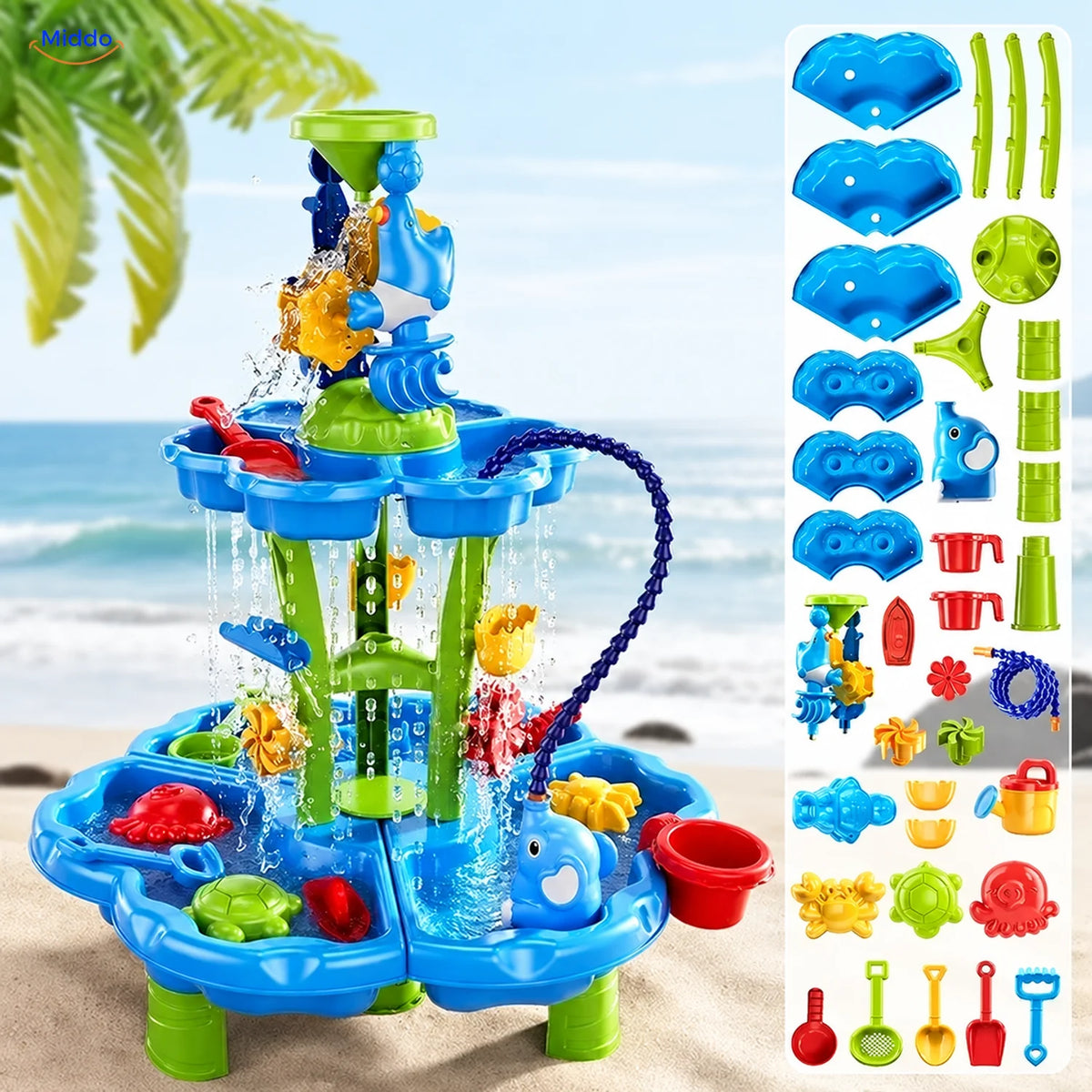 SplashPlay water- en zandspeelgoed: ronde tafel met waterslang en losse onderdelen.