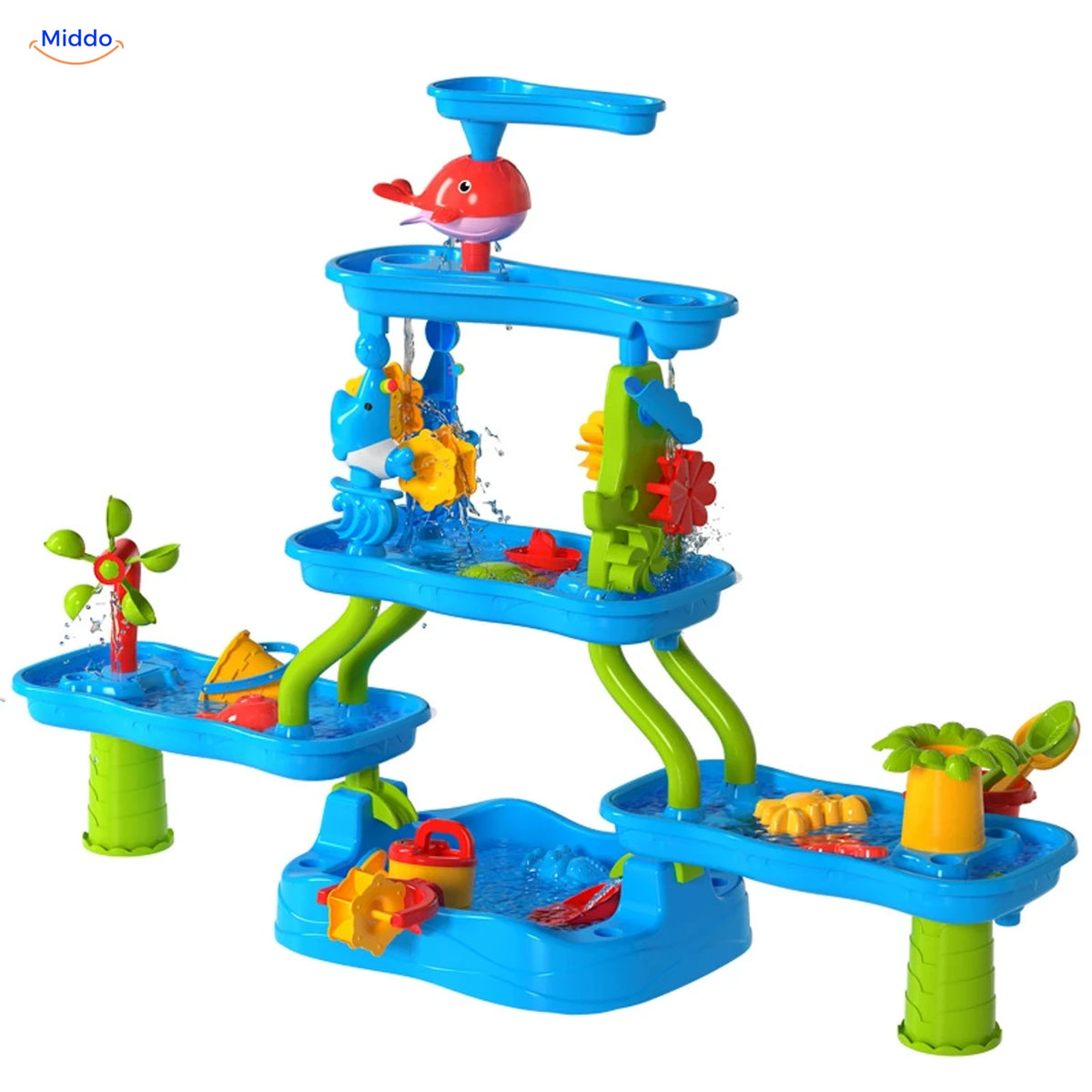 SplashPlay water- en zandspeelgoed: watertafel met zijbakken en groene verbindingsbuizen.