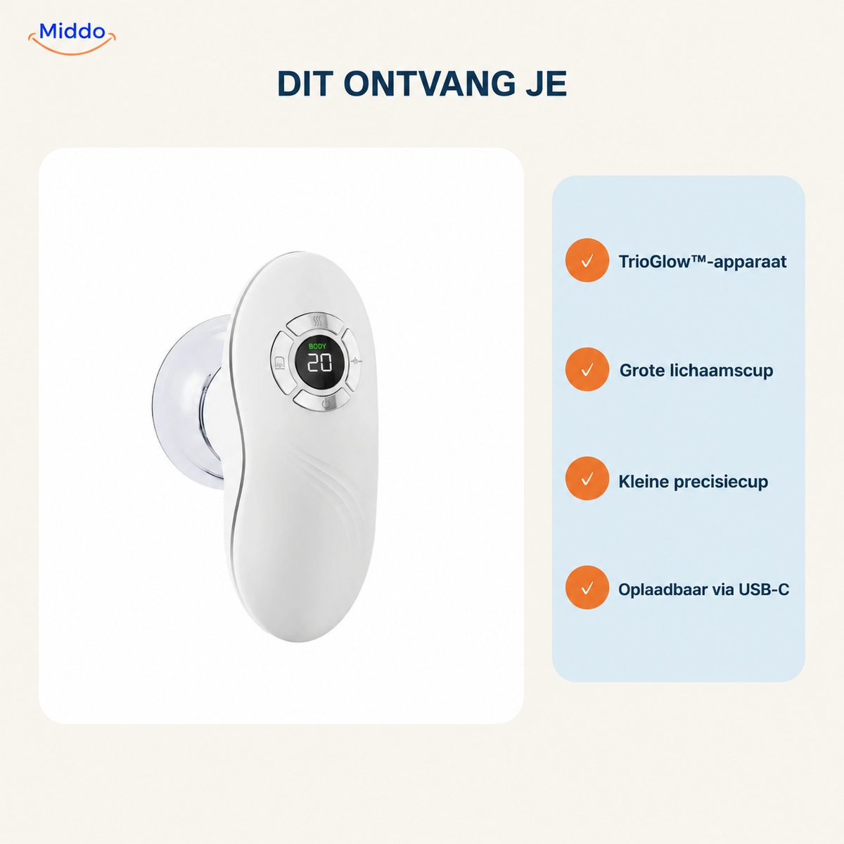 TrioGlow massageapparaat met zuigfunctie: overzicht van apparaat, cups en opladen.
