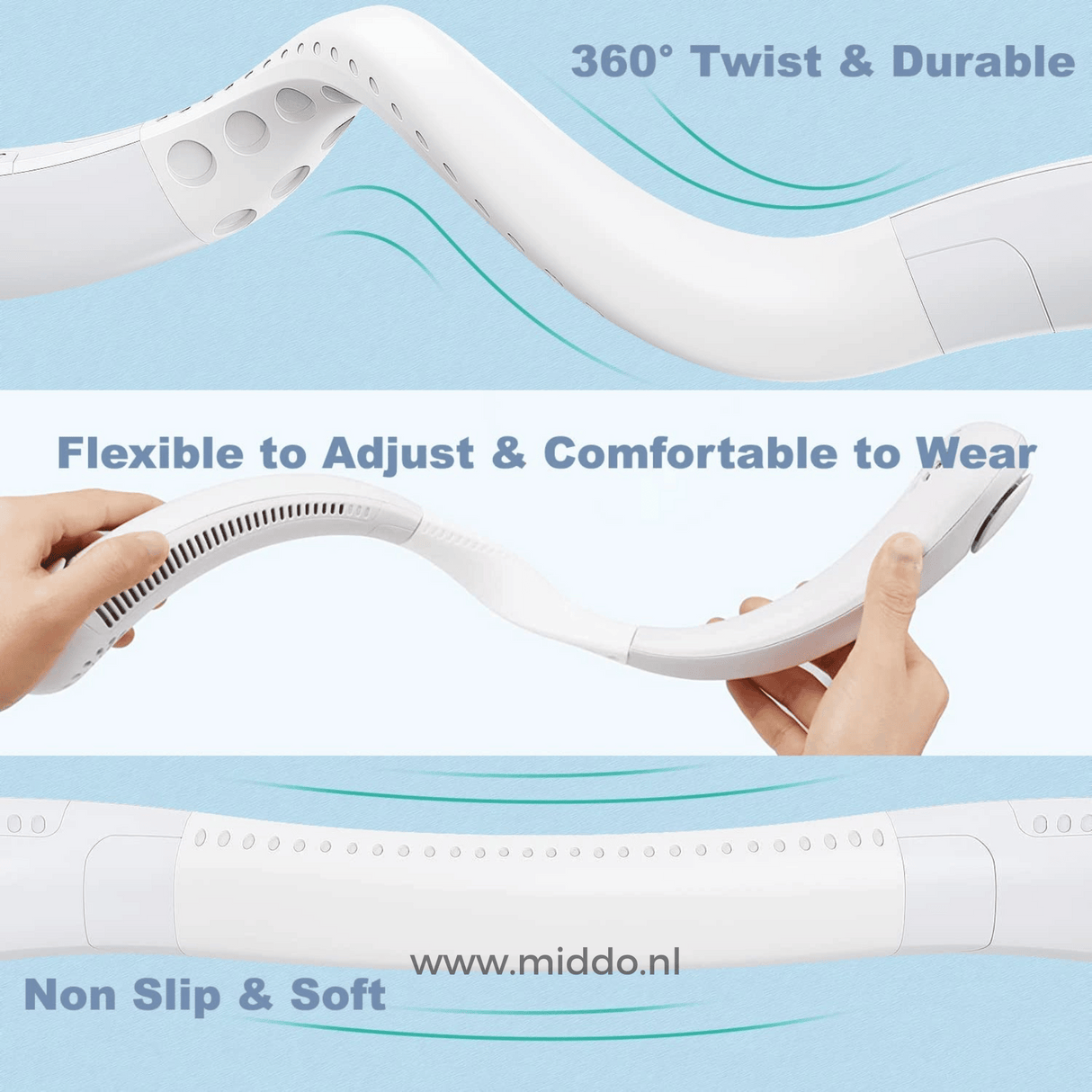 Flexibele en duurzame nekventilator met 360 graden draaifunctie