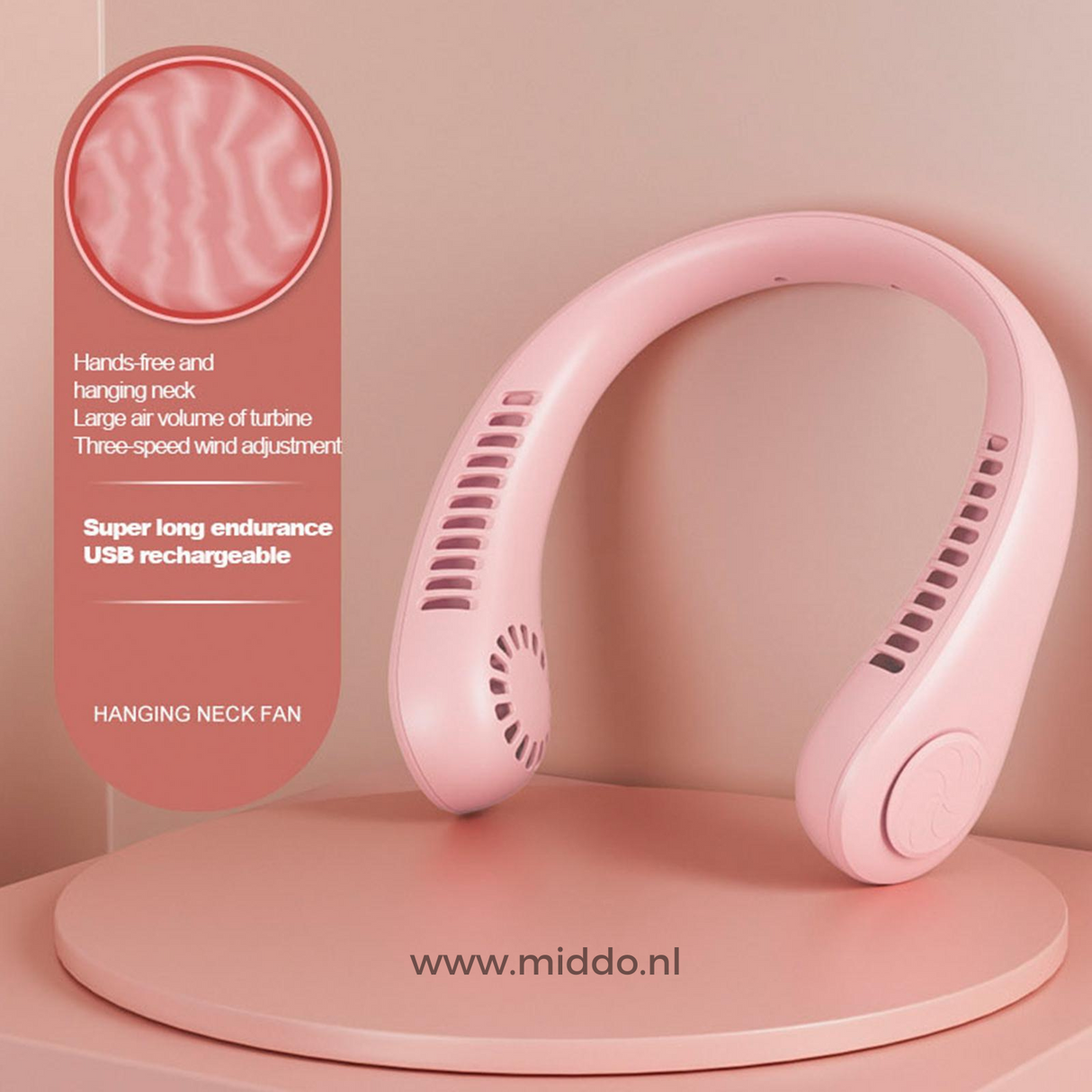 Roze draagbare nekventilator met USB-oplaadbare batterij