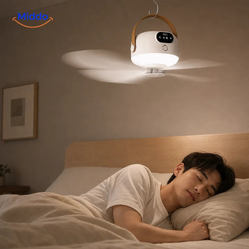 Night Breeze Fan hangt in de slaapkamer en zorgt voor gerichte luchtcirculatie