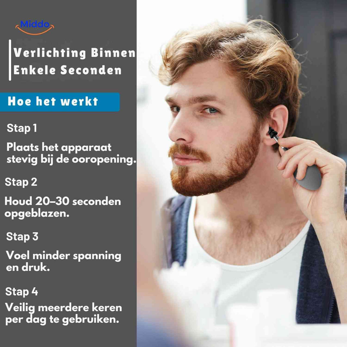 otorelief oordrukapparaat gebruiksinstructies in 4 stappen www.middo.nl