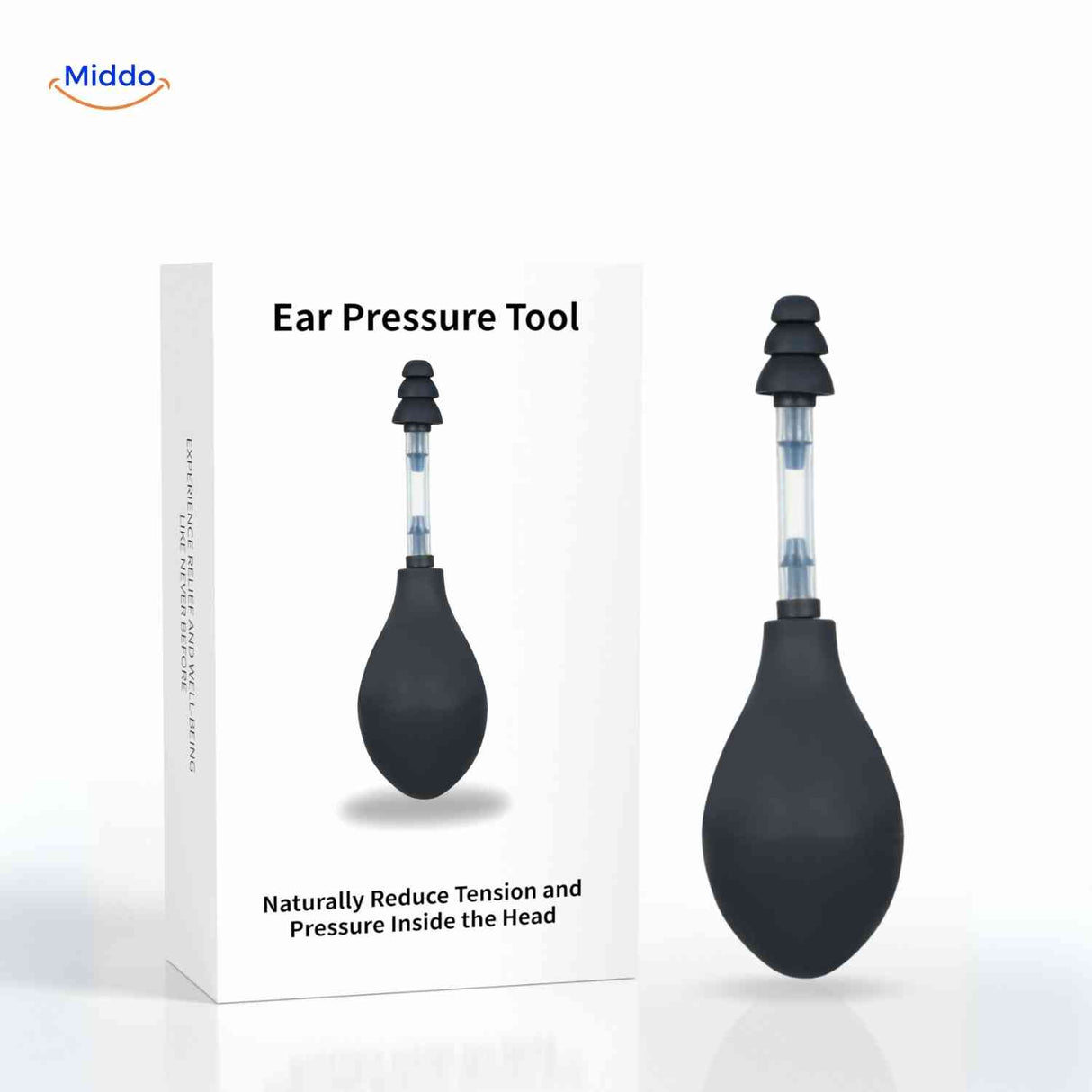 otorelief oordrukapparaat in zwart met verpakking www.middo.nl