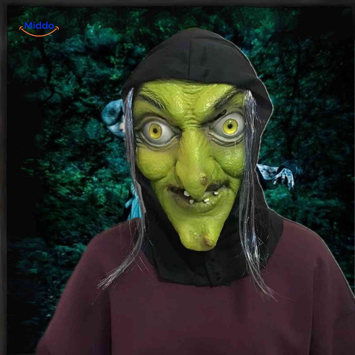 phantomix masker groene heksenmasker met gele ogen en zwarte kap www.middo.nl
