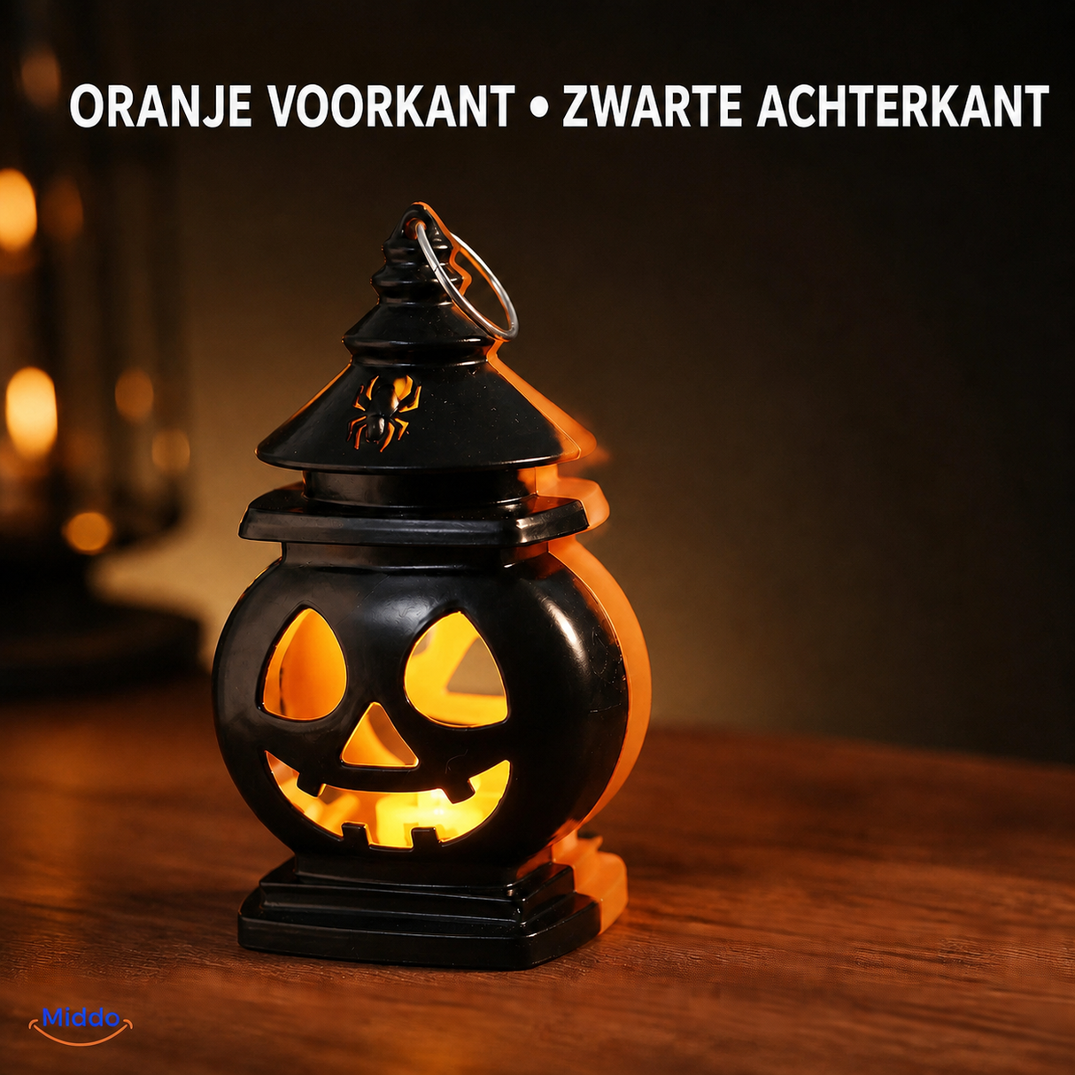 Zwarte achterkant van PumpkinGlow™ met de oranje voorkant zichtbaar aan de rand