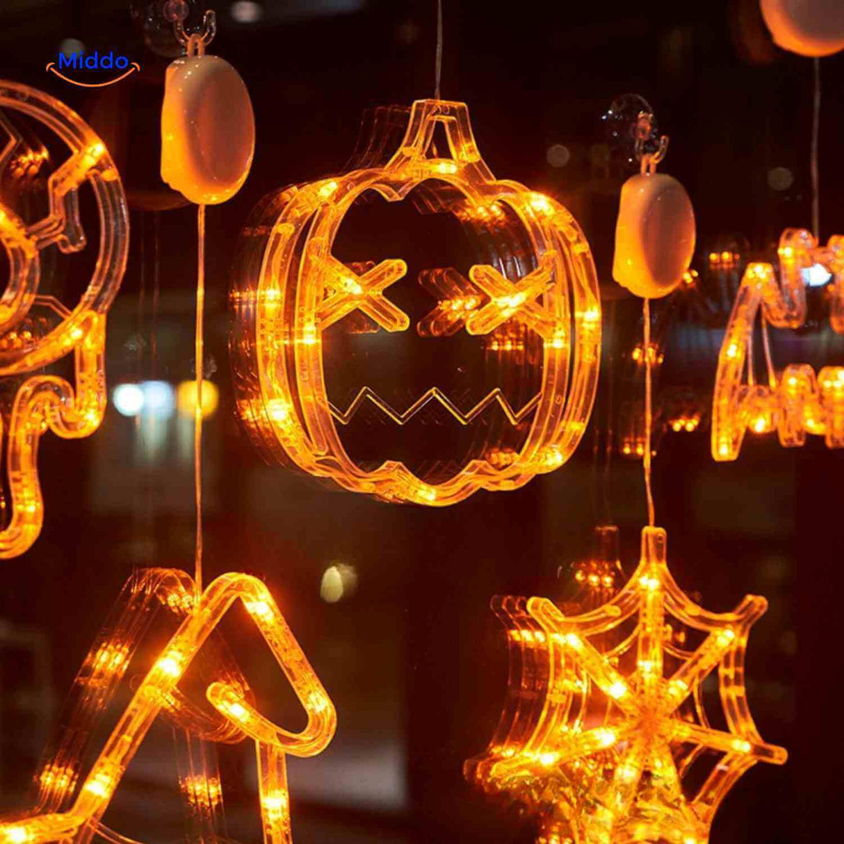 pumpkoglow lamp halloween lichtsnoer pompoen heksenhoed spin web raamdecoratie www.middo.nl