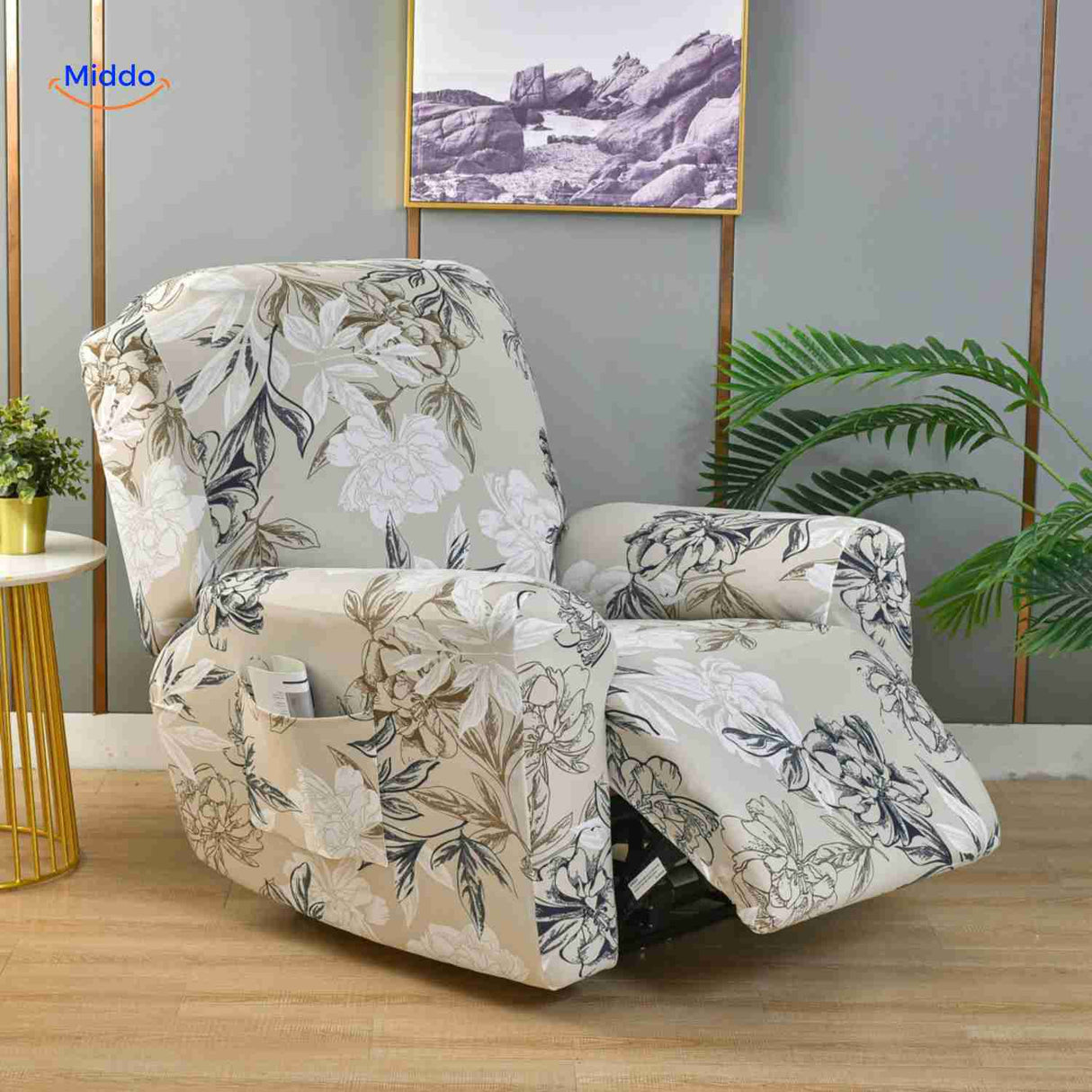 reclinex bankhoes beige met zwarte en witte bloemenklassiek patroon www.middo.nl