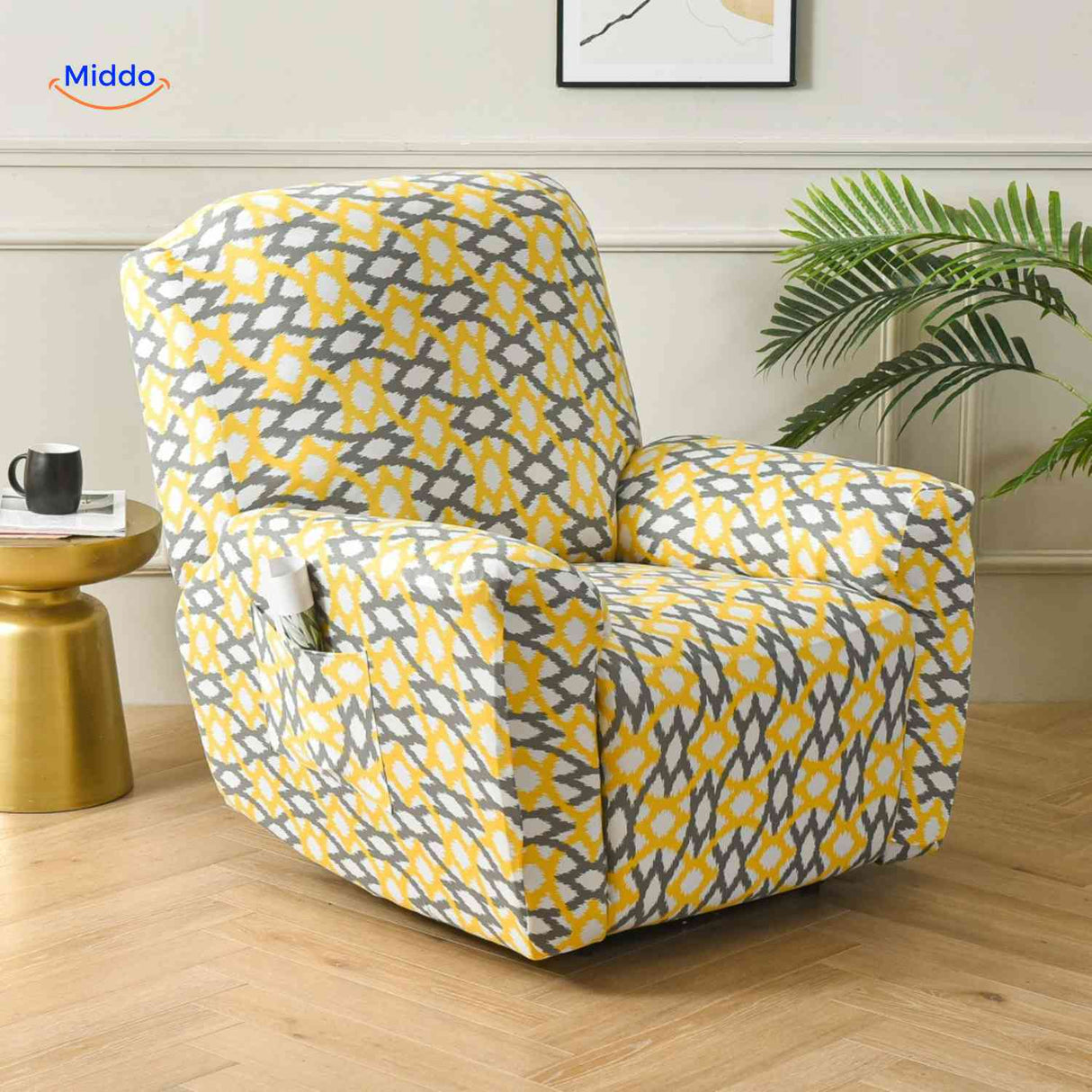 reclinex bankhoes gele en grijze aztec stijl print stretchhoes relaxstoel www.middo.nl