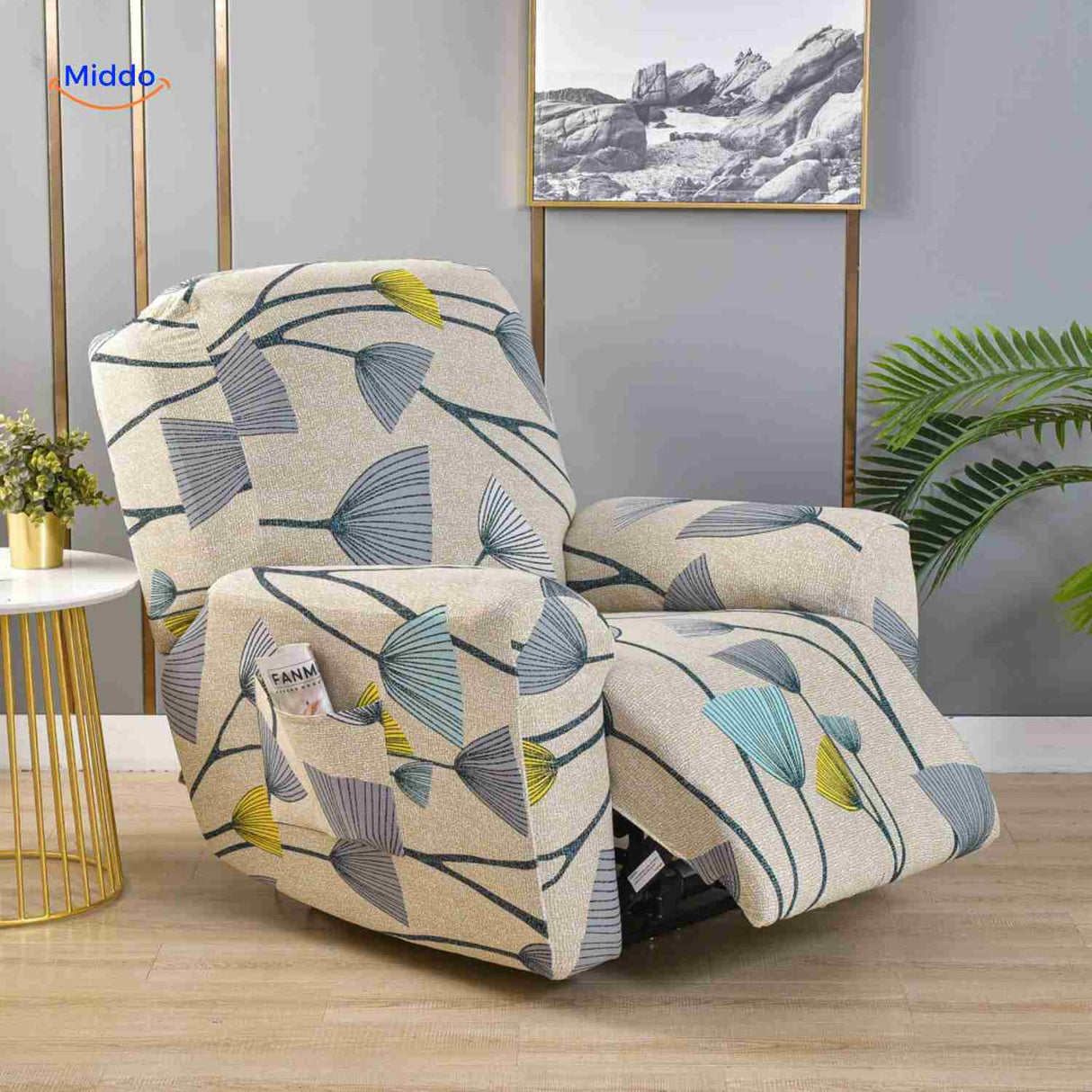 reclinex bankhoes lichtbeige met blauwe en gele ginkgo bladeren www.middo.nl