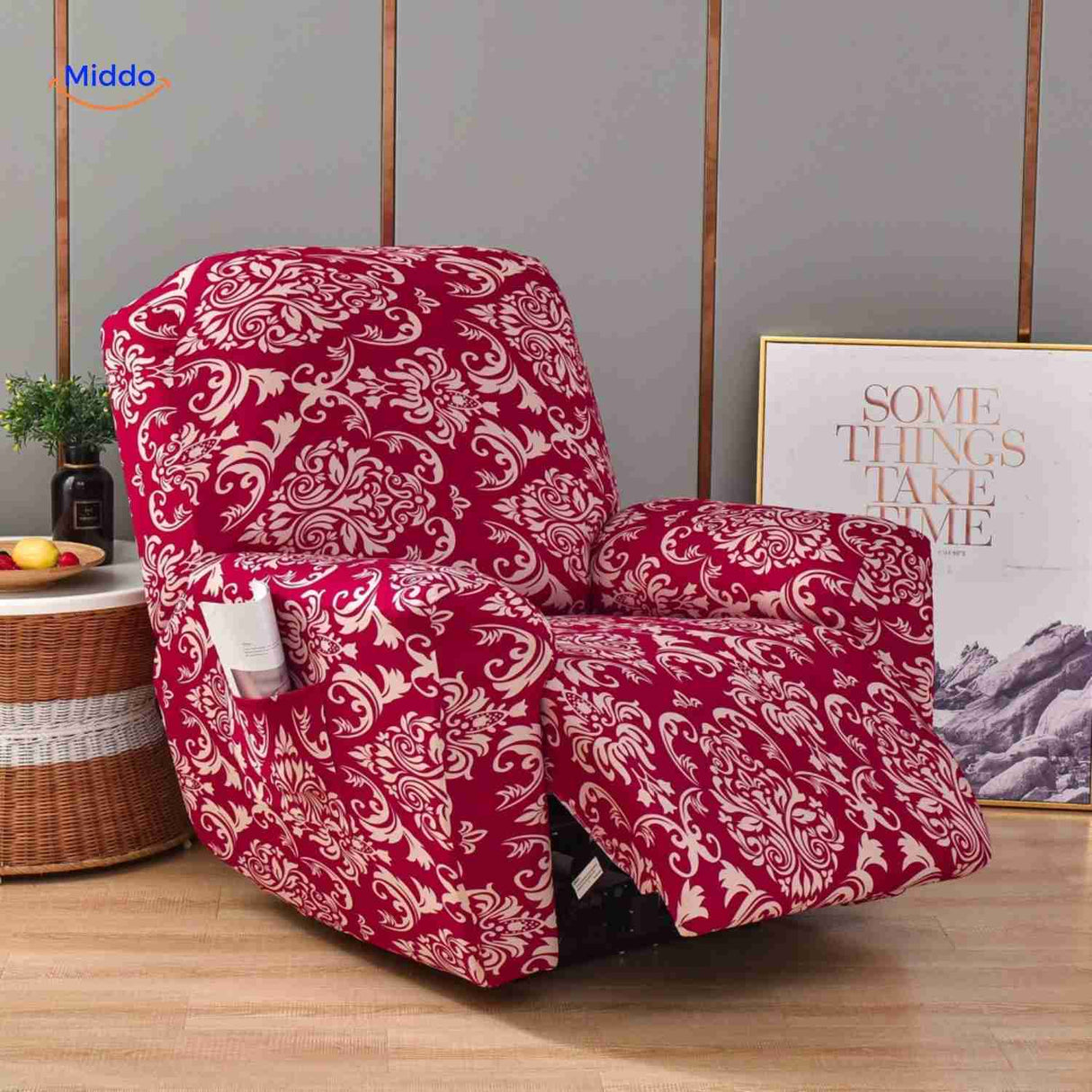 reclinex bankhoes rood met klassiek baroque patroon stijlvolle stretchhoes www.middo.nl