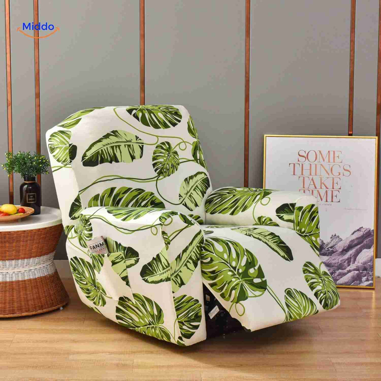 reclinex bankhoes wit met grote groene monstera bladeren natuurlijke stijl www.middo.nl